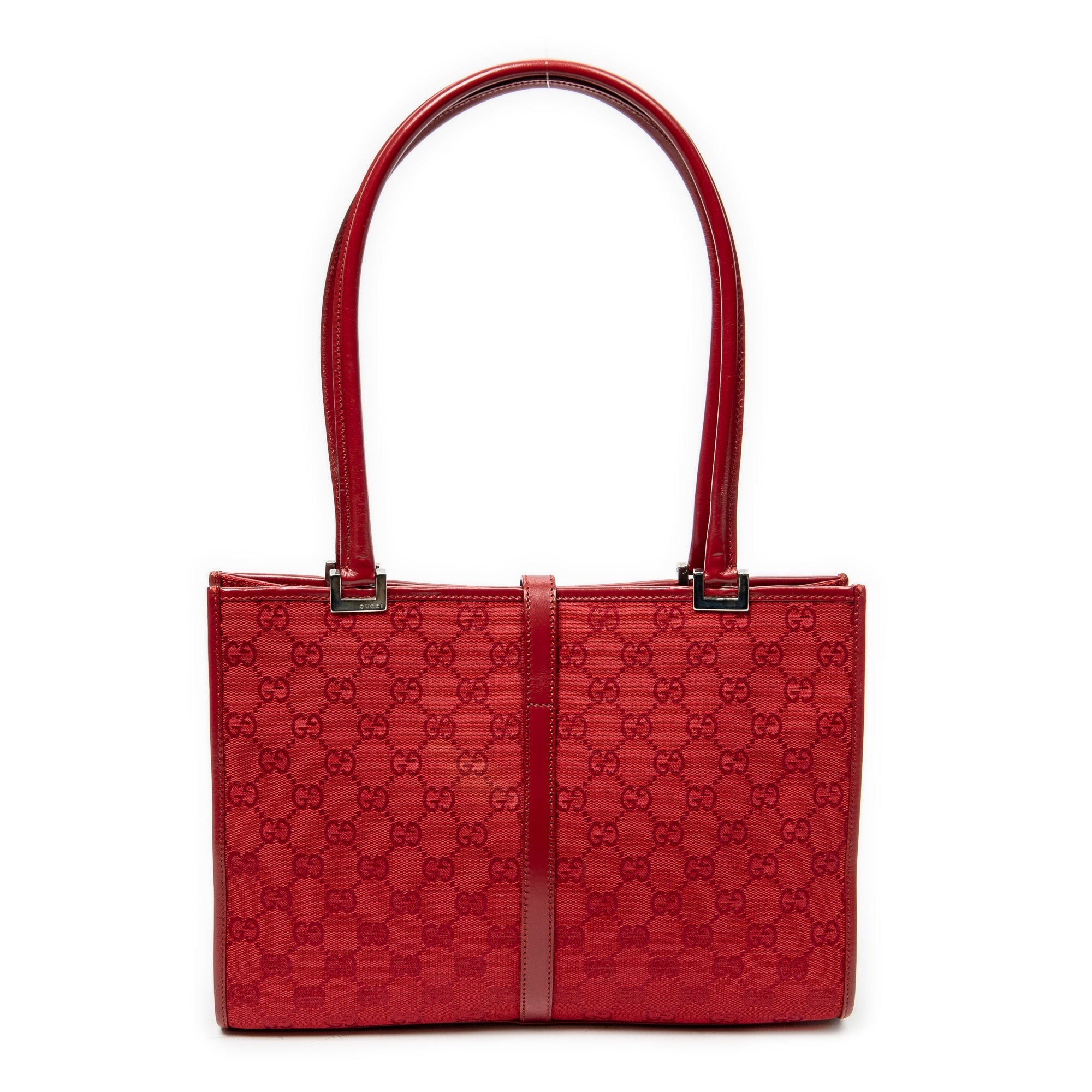 Bolso de hombro cuadrado Jackie Tote lona roja con monograma