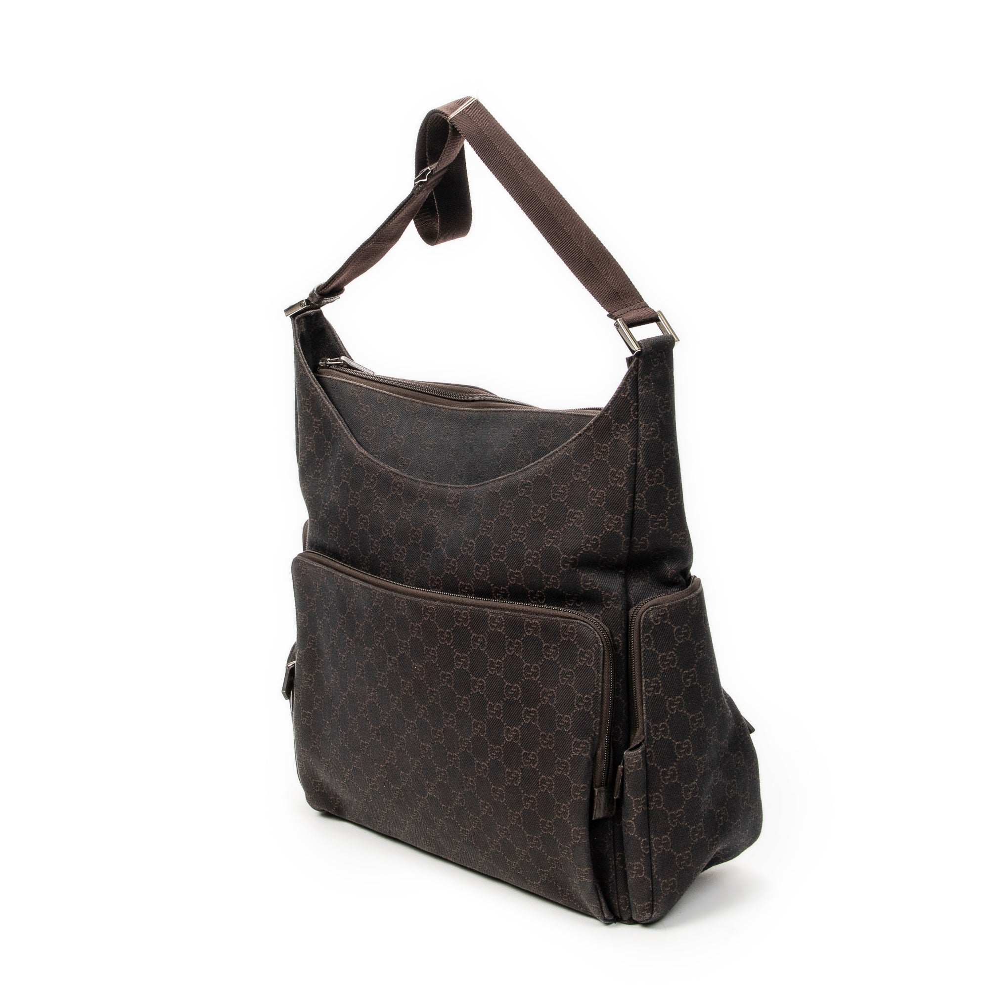 Shoulder Bag Large Front Pocket Messenger Dark Brown Monogrammed Denim Canvas