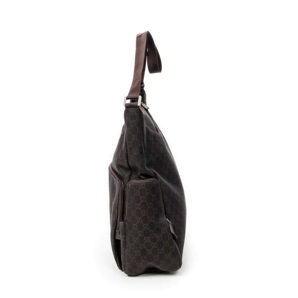 Shoulder Bag Large Front Pocket Messenger Dark Brown Monogrammed Denim Canvas