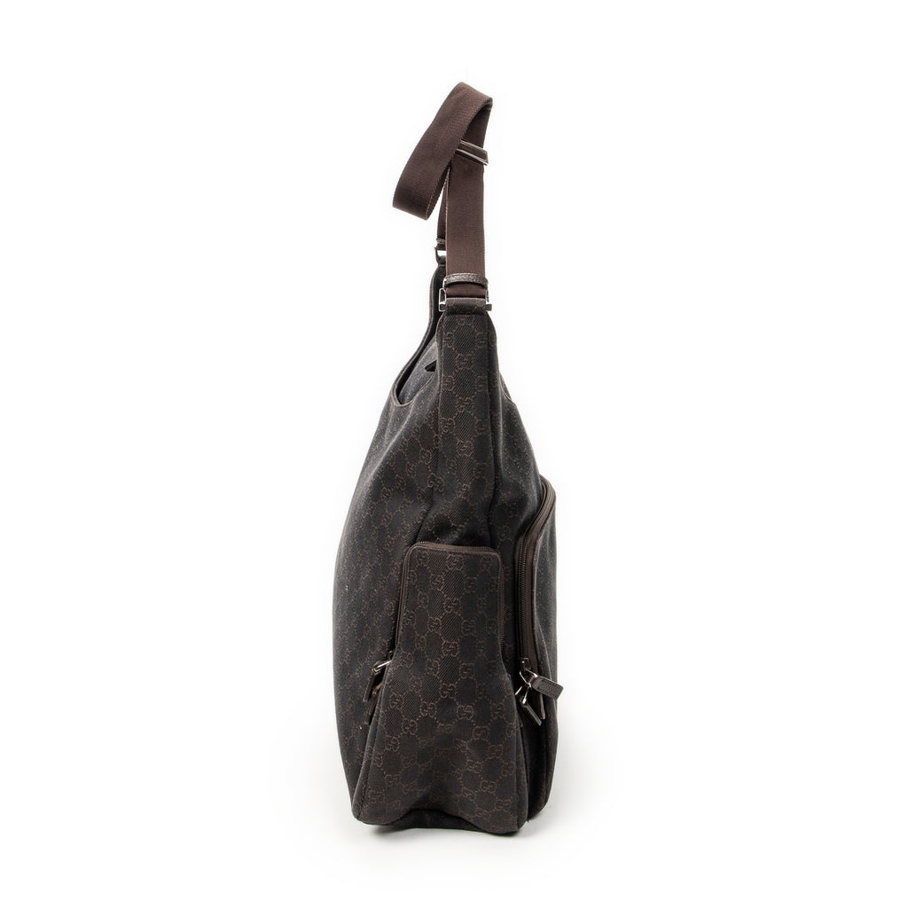 Shoulder Bag Large Front Pocket Messenger Dark Brown Monogrammed Denim Canvas