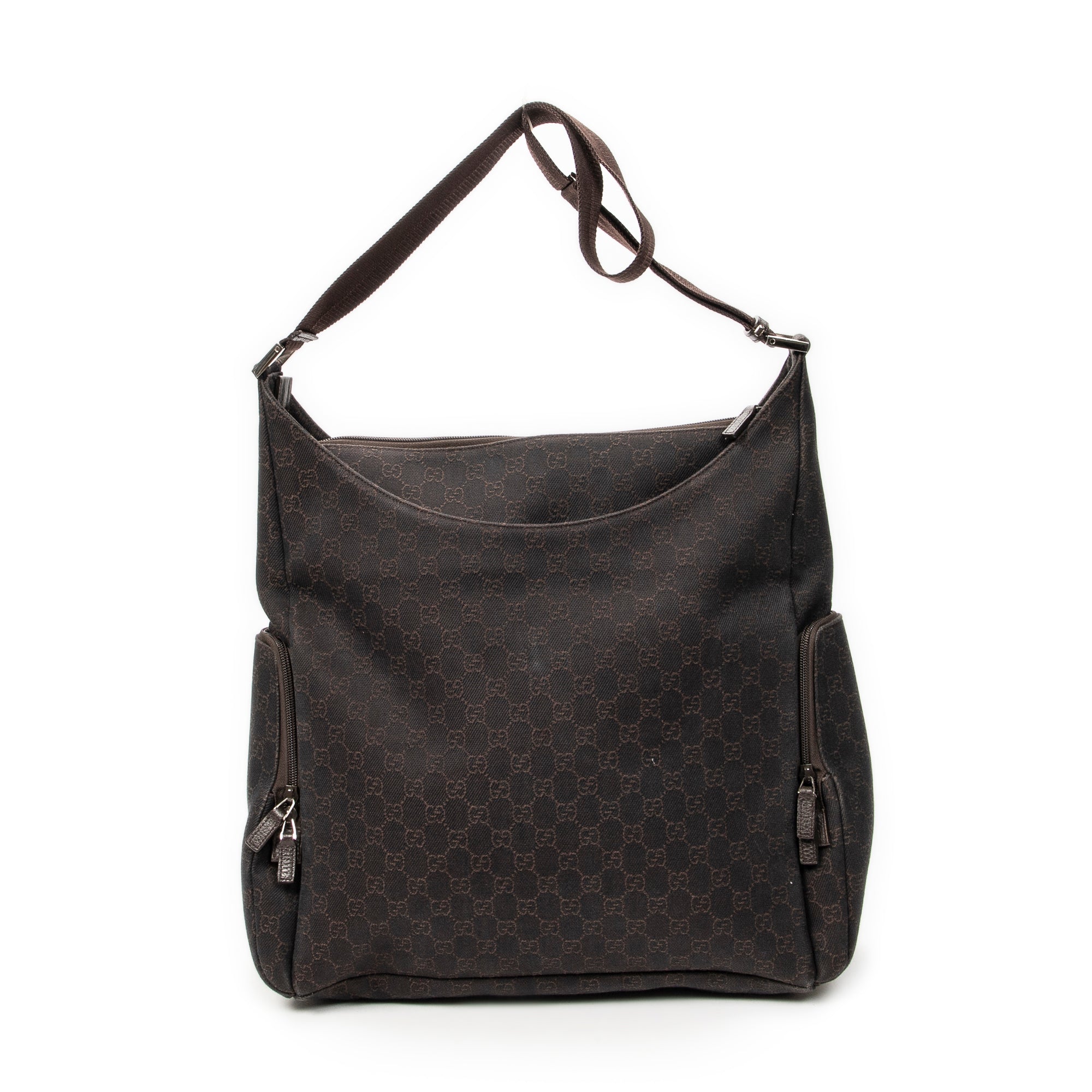 Shoulder Bag Large Front Pocket Messenger Dark Brown Monogrammed Denim Canvas