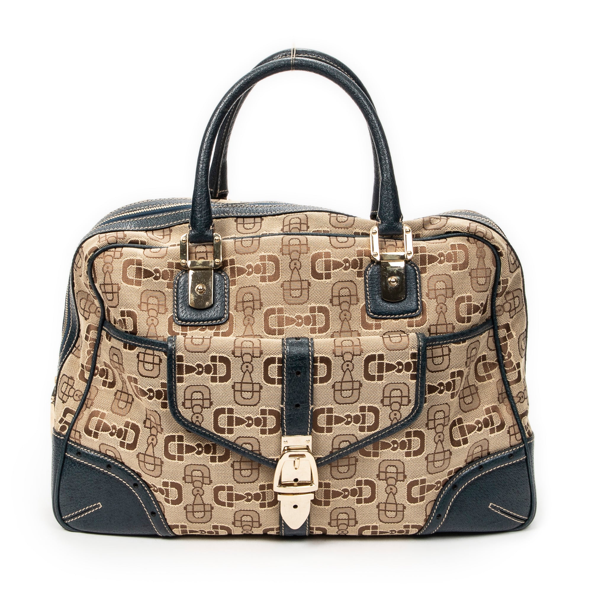 Shoulder Bag Large Front Pocket Boston Beige Horsebit Print Canvas