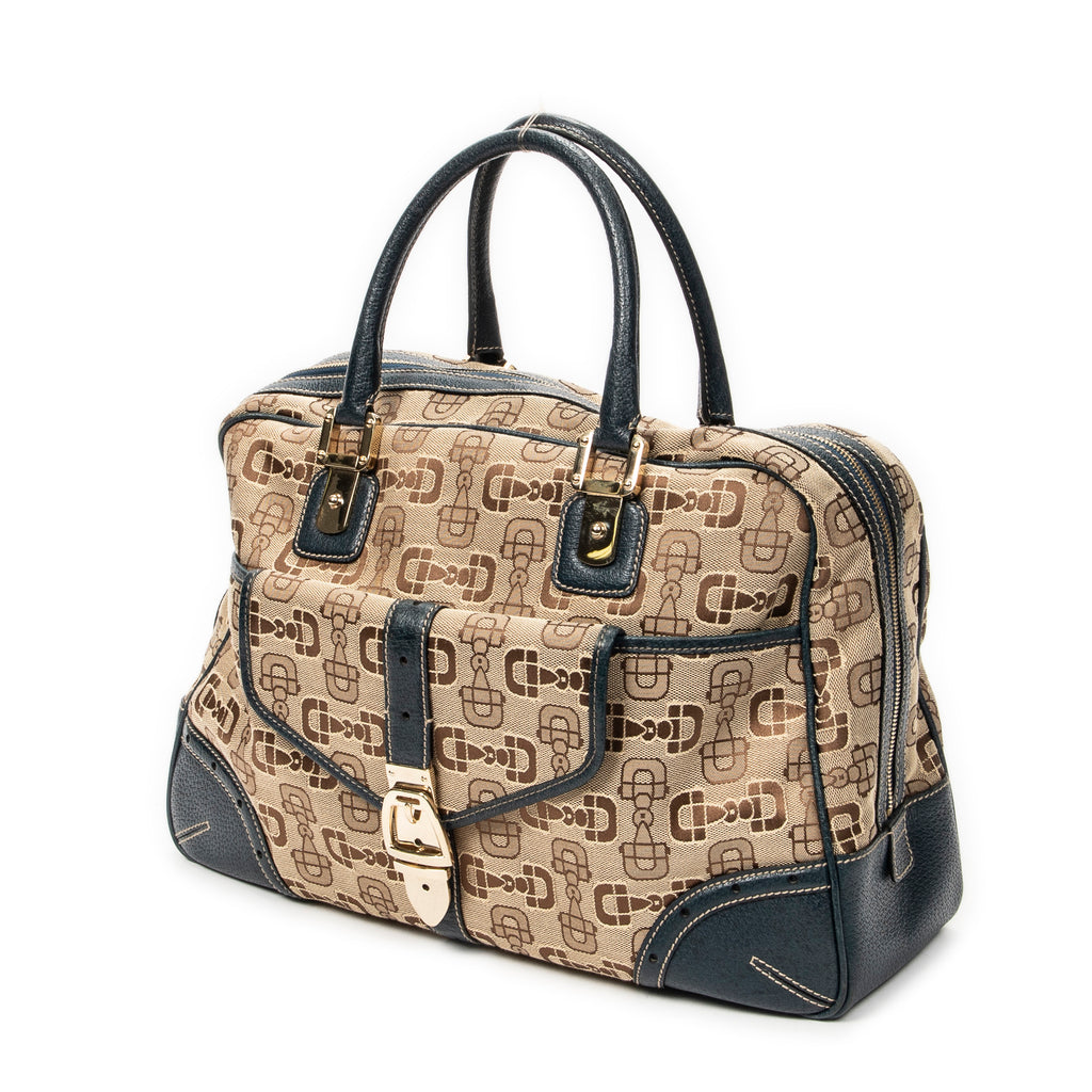 Shoulder Bag Large Front Pocket Boston Beige Horsebit Print Canvas