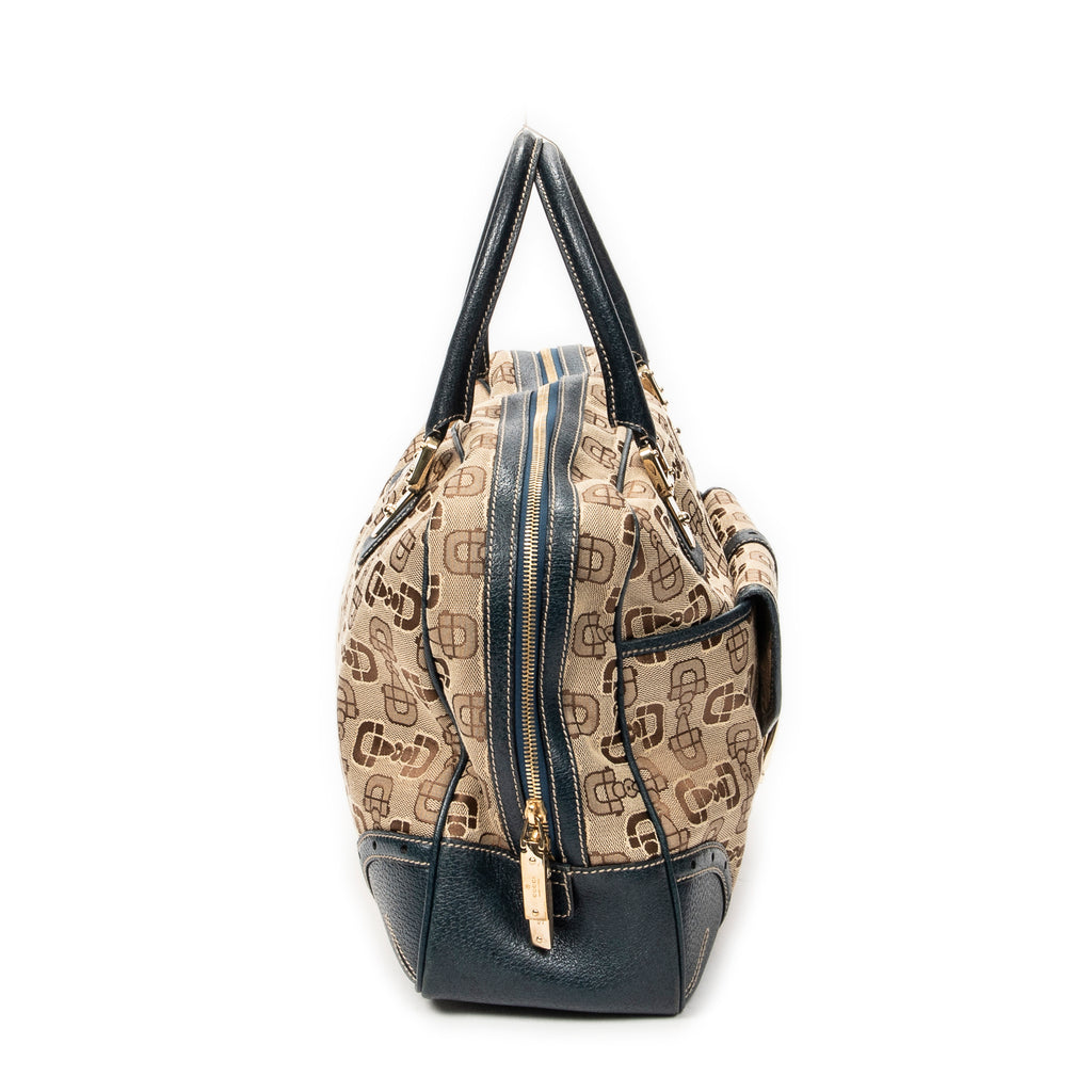 Shoulder Bag Large Front Pocket Boston Beige Horsebit Print Canvas