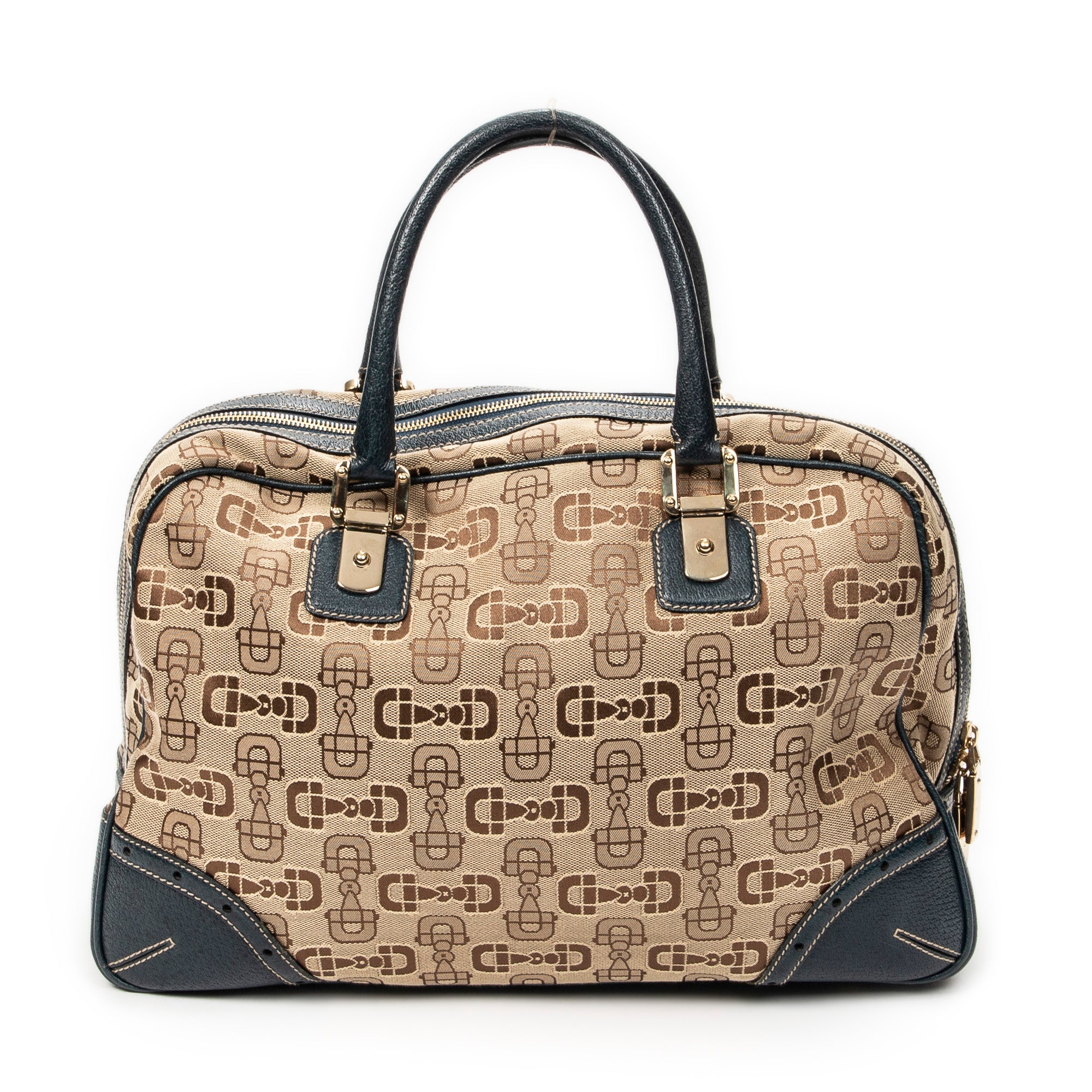 Shoulder Bag Large Front Pocket Boston Beige Horsebit Print Canvas