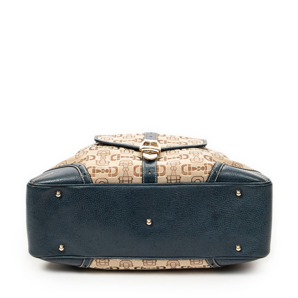 Shoulder Bag Large Front Pocket Boston Beige Horsebit Print Canvas