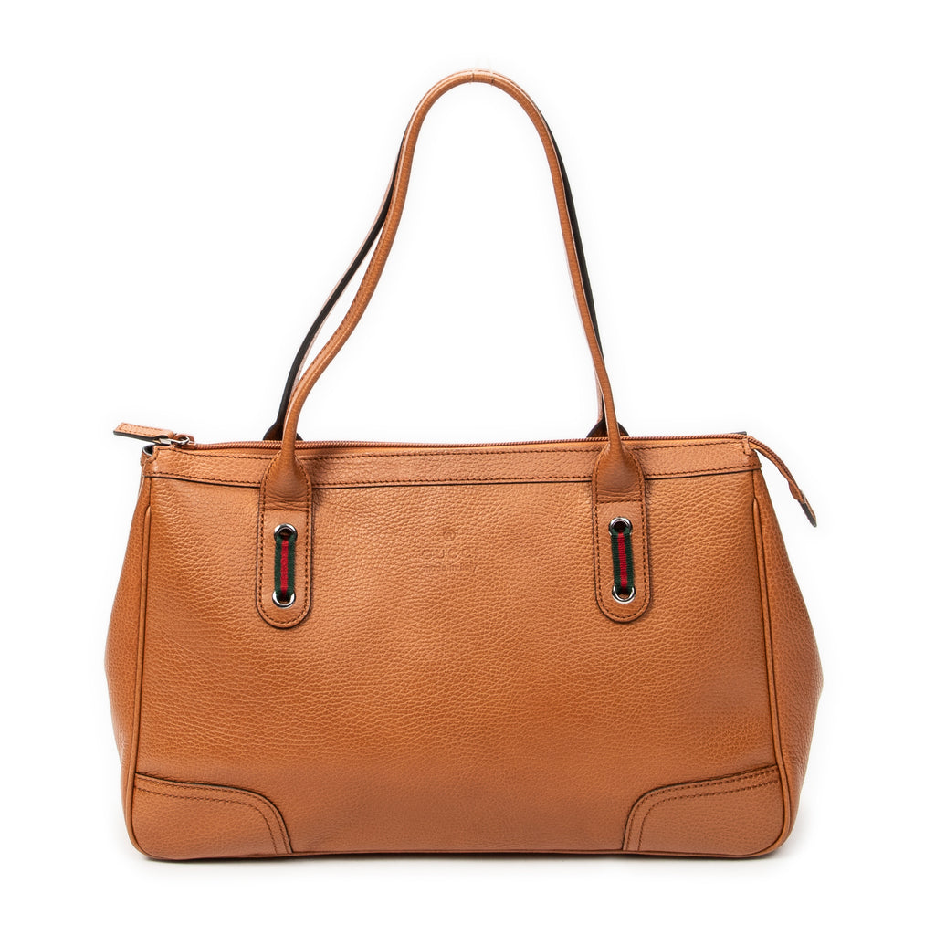 Sac à bandoulière moyen Cabas Princy en cuir de veau grainé couleur Havane avec bande Web
