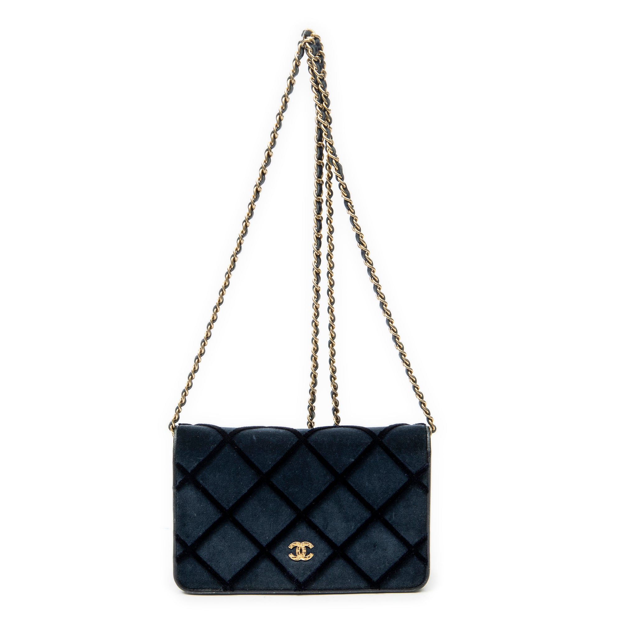 Bolso de hombro CC con cartera en cadena de lona de terciopelo acolchado azul marino