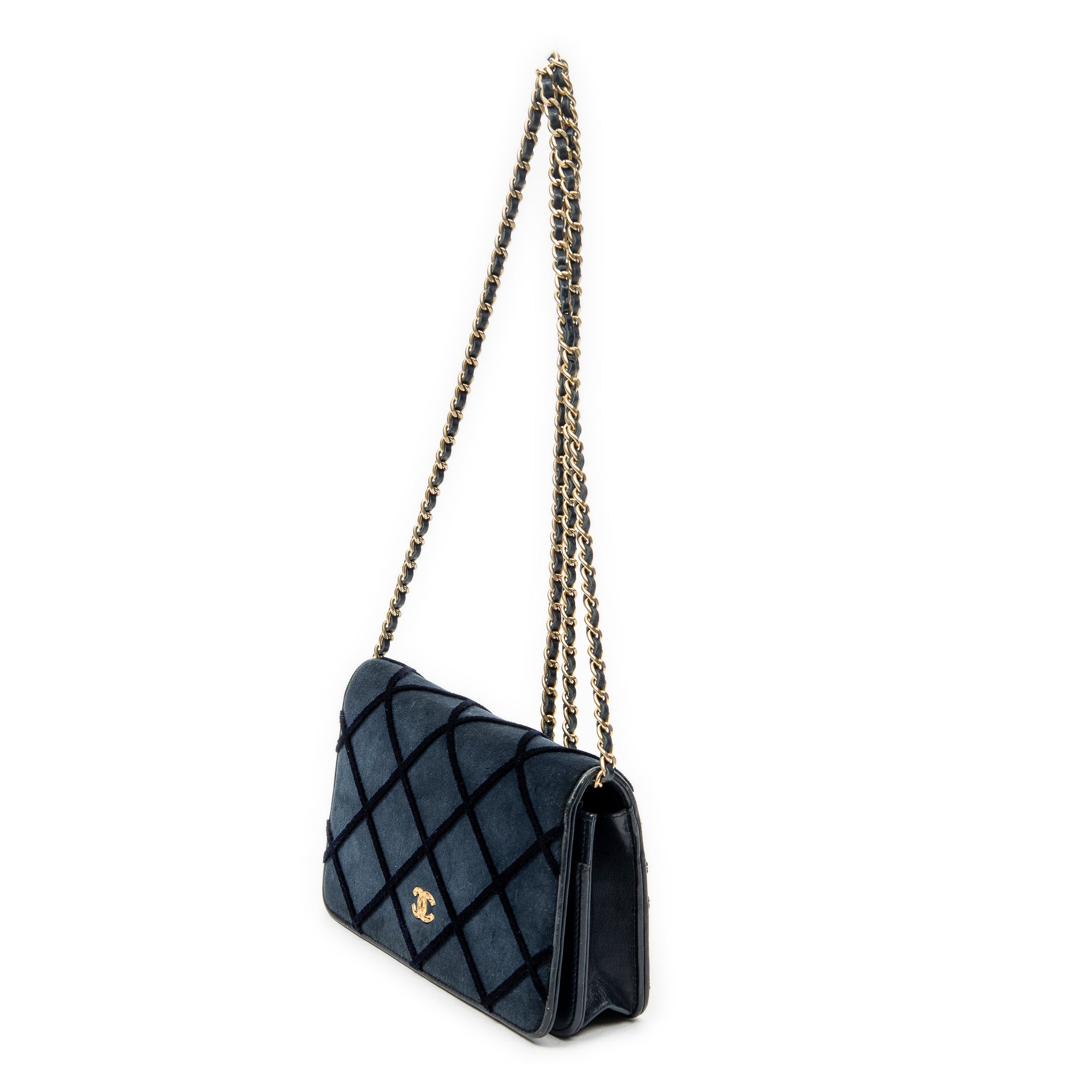 Bolso de hombro CC con cartera en cadena de lona de terciopelo acolchado azul marino