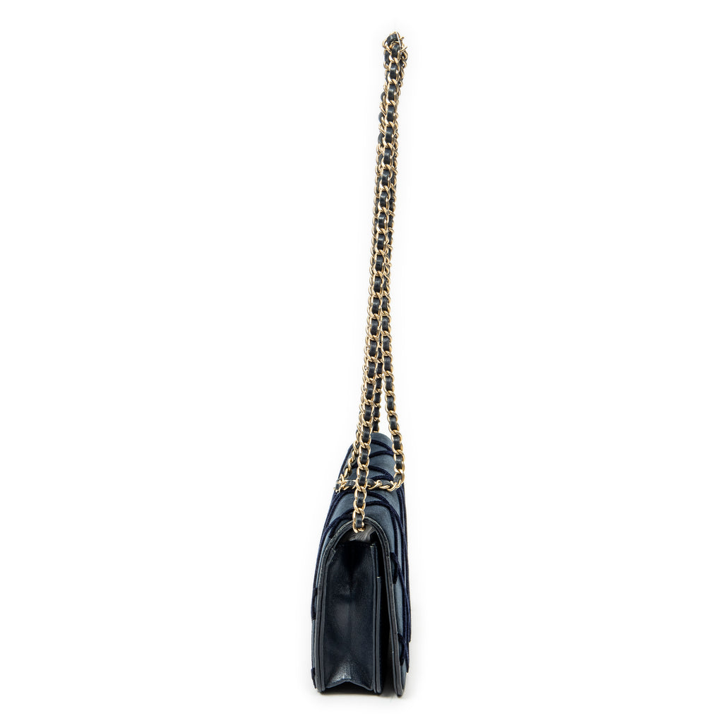 Bolso de hombro CC con cartera en cadena de lona de terciopelo acolchado azul marino