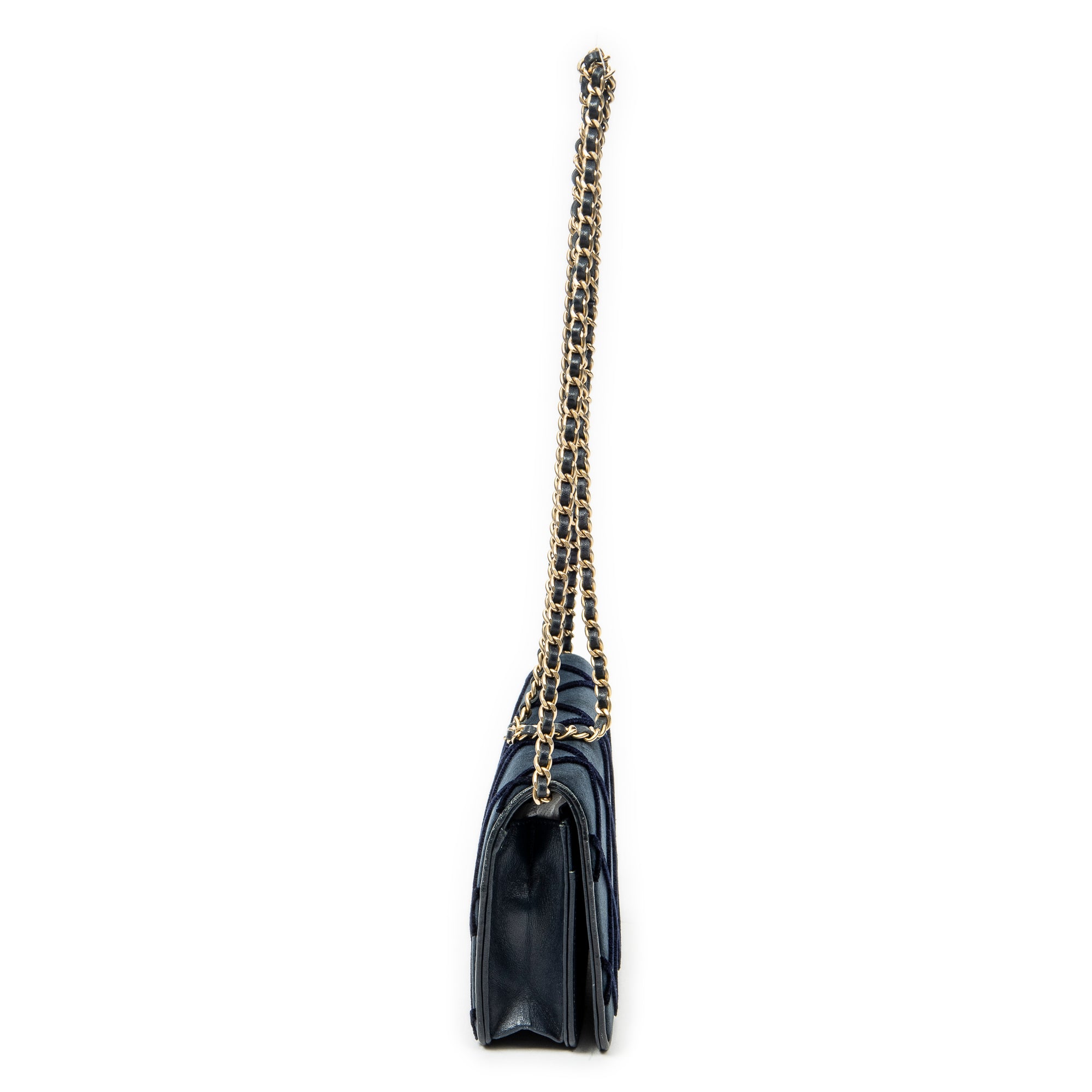 Bolso de hombro CC con cartera en cadena de lona de terciopelo acolchado azul marino