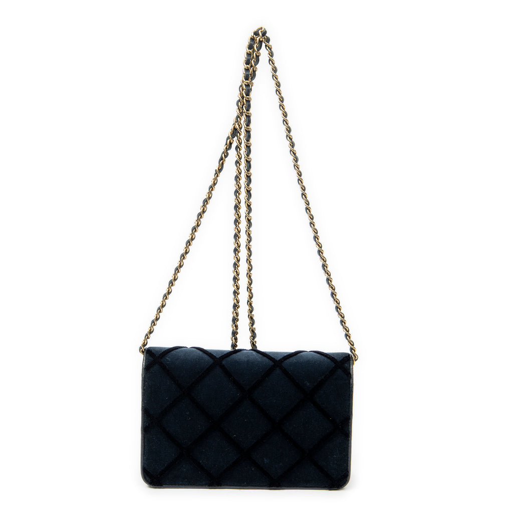 Bolso de hombro CC con cartera en cadena de lona de terciopelo acolchado azul marino