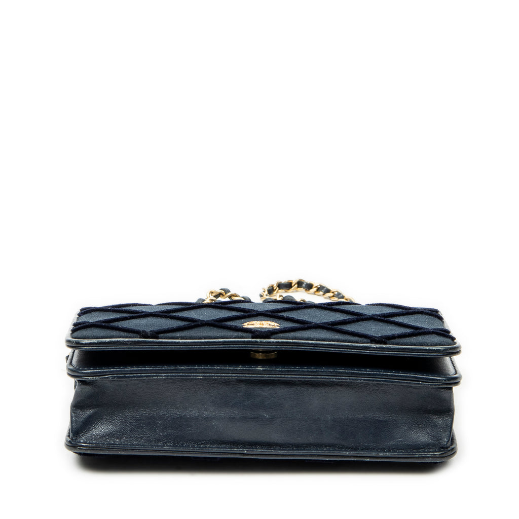 Bolso de hombro CC con cartera en cadena de lona de terciopelo acolchado azul marino