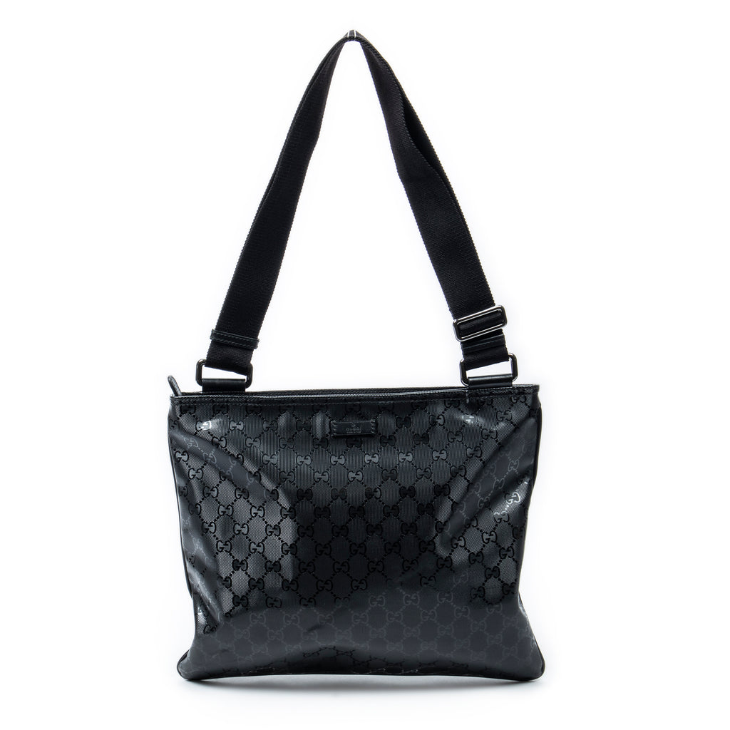 Shoulder Bag Large Square Zip Messenger Black Guccissima Imprint Coated Canvas