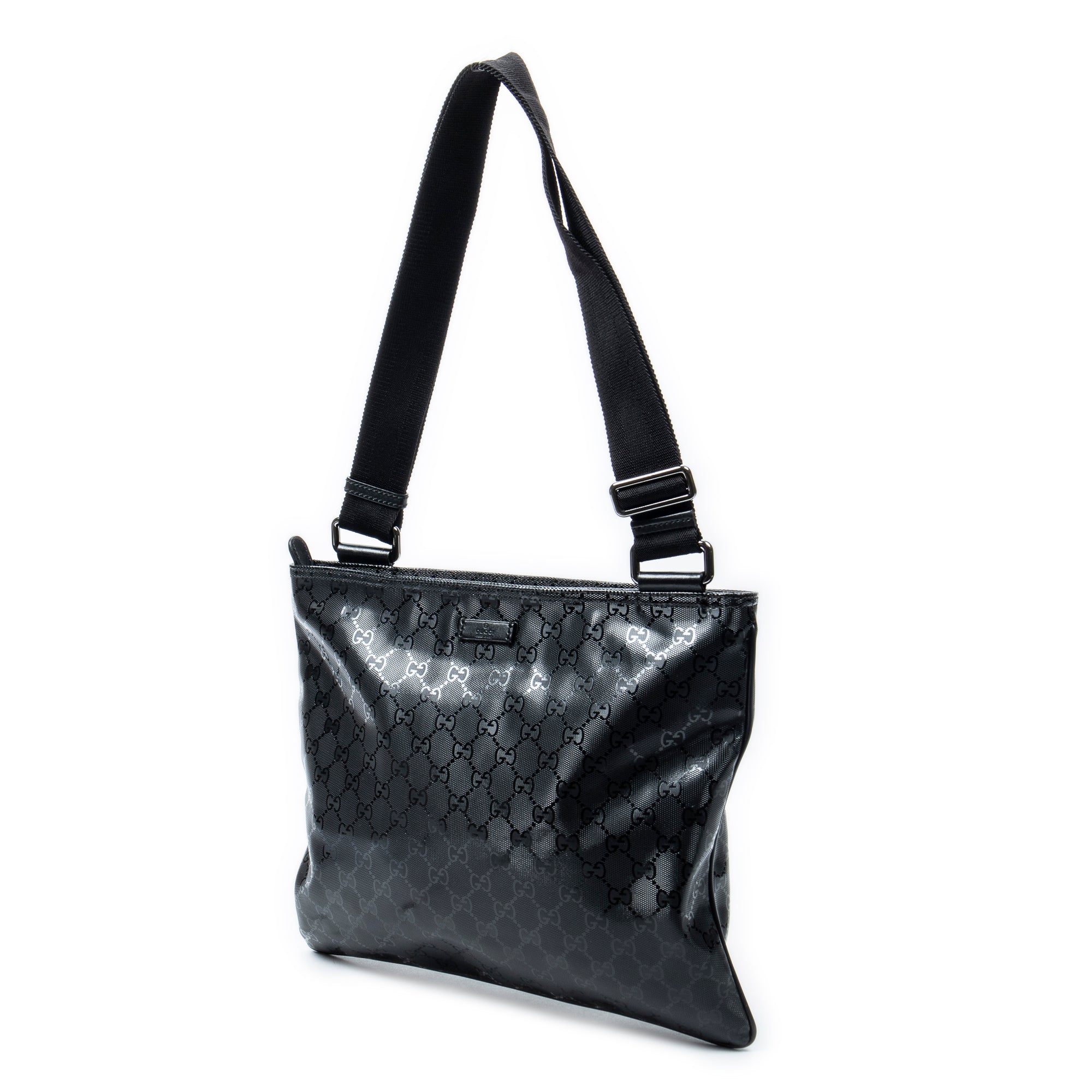 Shoulder Bag Large Square Zip Messenger Black Guccissima Imprint Coated Canvas