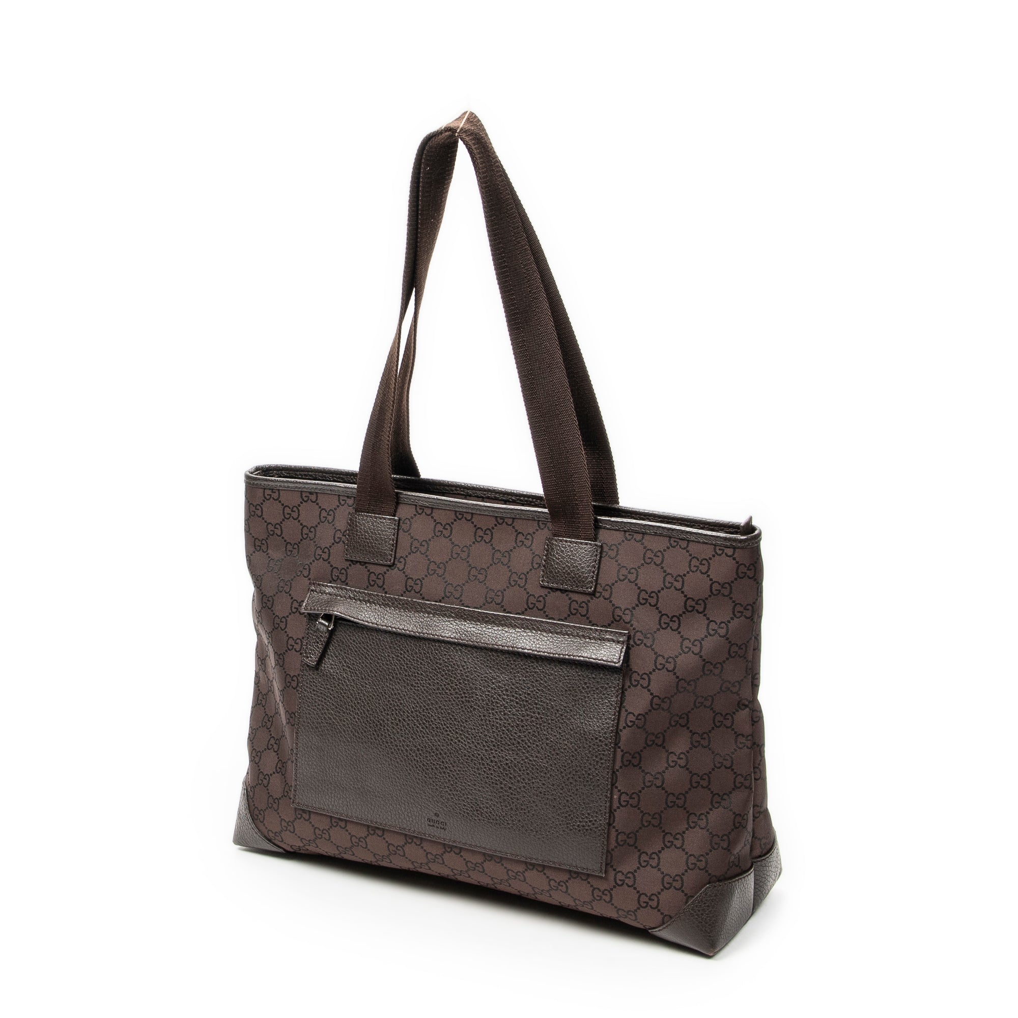 Bolso de hombro mediano con bolsillo frontal, estilo tote, lona de nailon monograma marrón oscuro