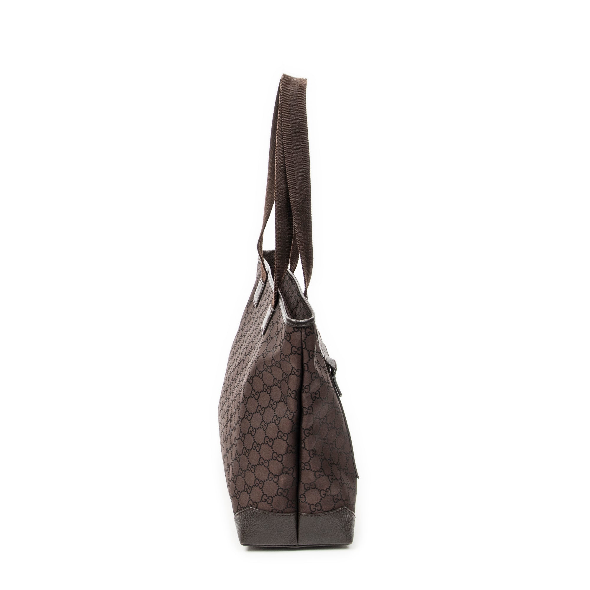 Bolso de hombro mediano con bolsillo frontal, estilo tote, lona de nailon monograma marrón oscuro