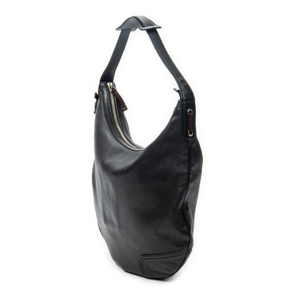 Shoulder Bag Large Web Princy Hobo Black Grained Calfskin Leather