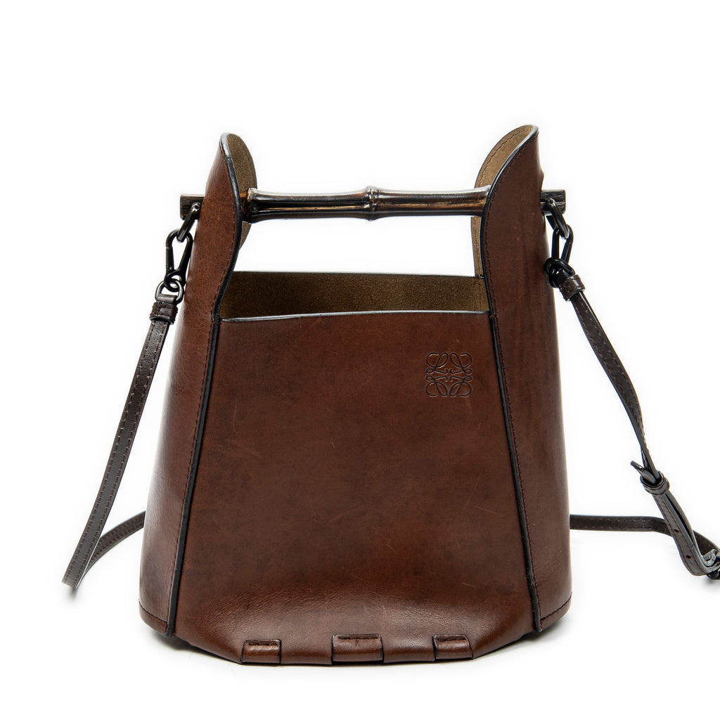Shoulder Bag Bamboo Bucket Crossbody Dark Brown Calfskin Leather