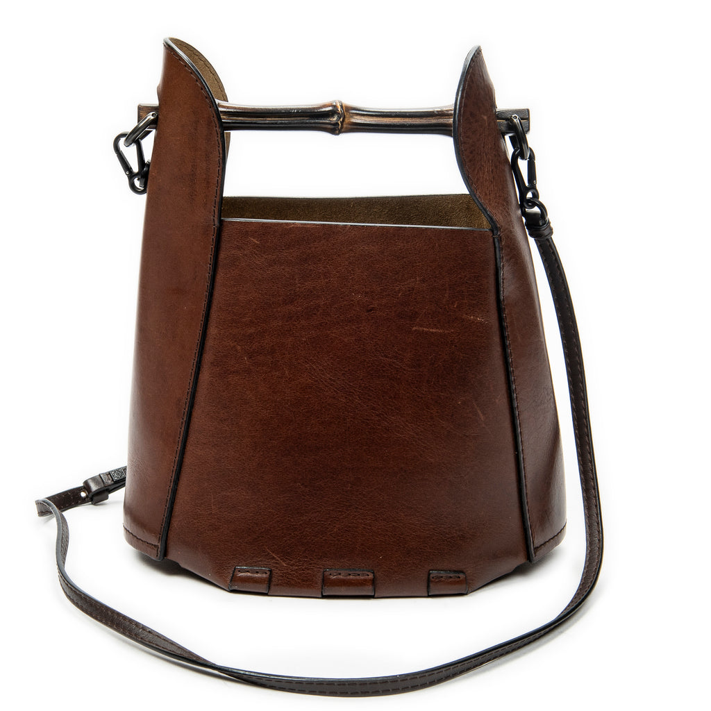 Shoulder Bag Bamboo Bucket Crossbody Dark Brown Calfskin Leather