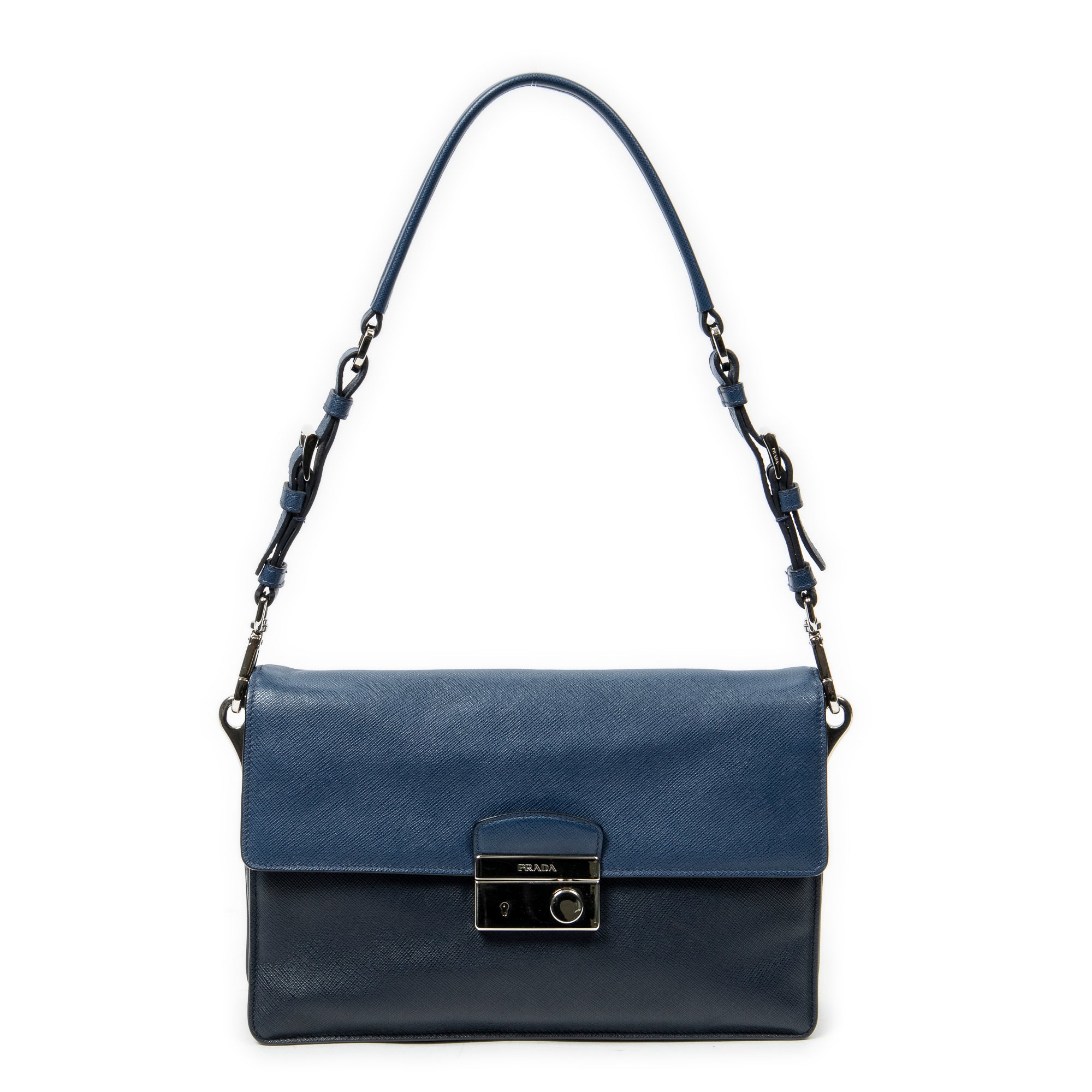 Shoulder Bag Sound Lock Flap Navy Saffiano Leather