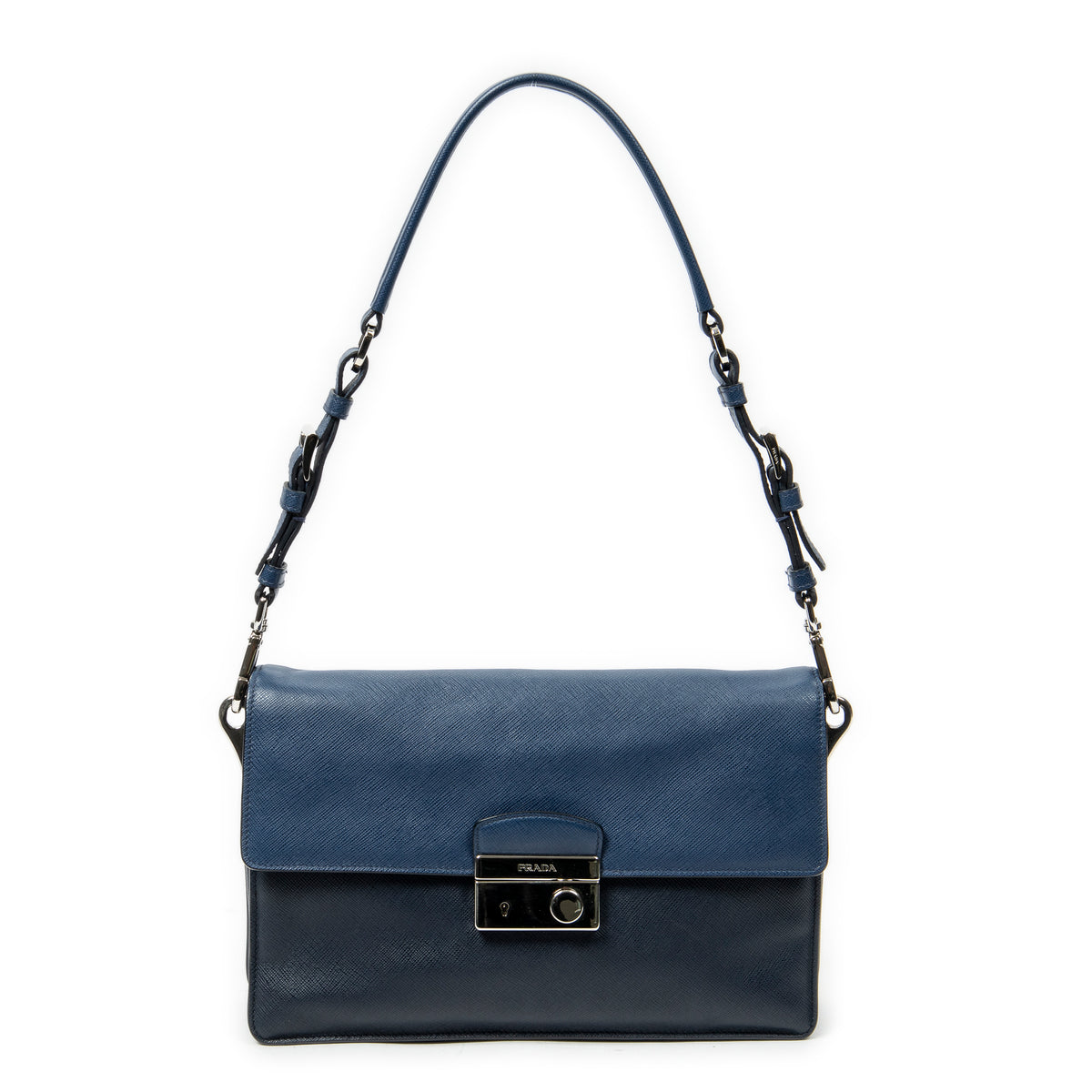 Shoulder Bag Sound Lock Flap Navy Saffiano Leather