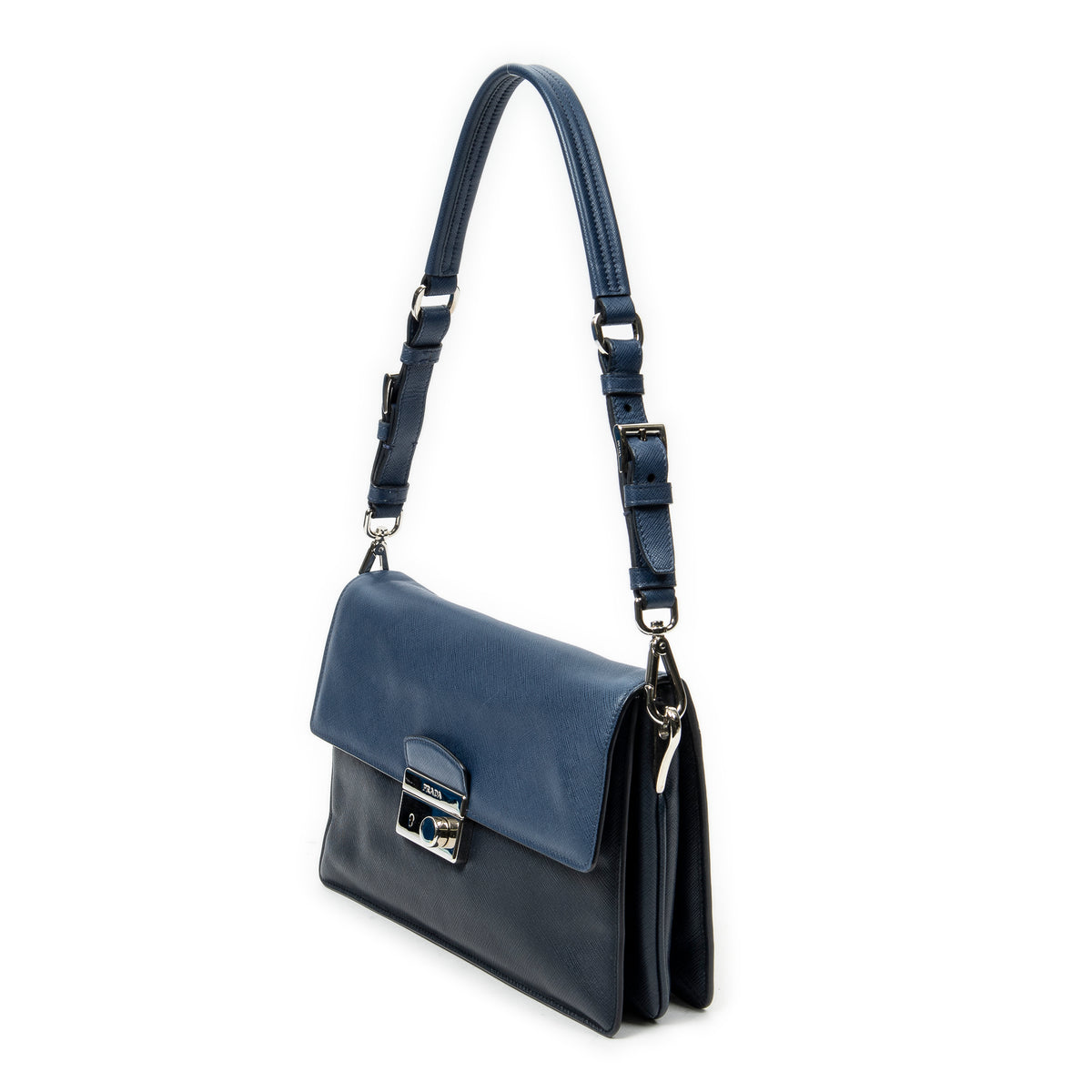 Shoulder Bag Sound Lock Flap Navy Saffiano Leather