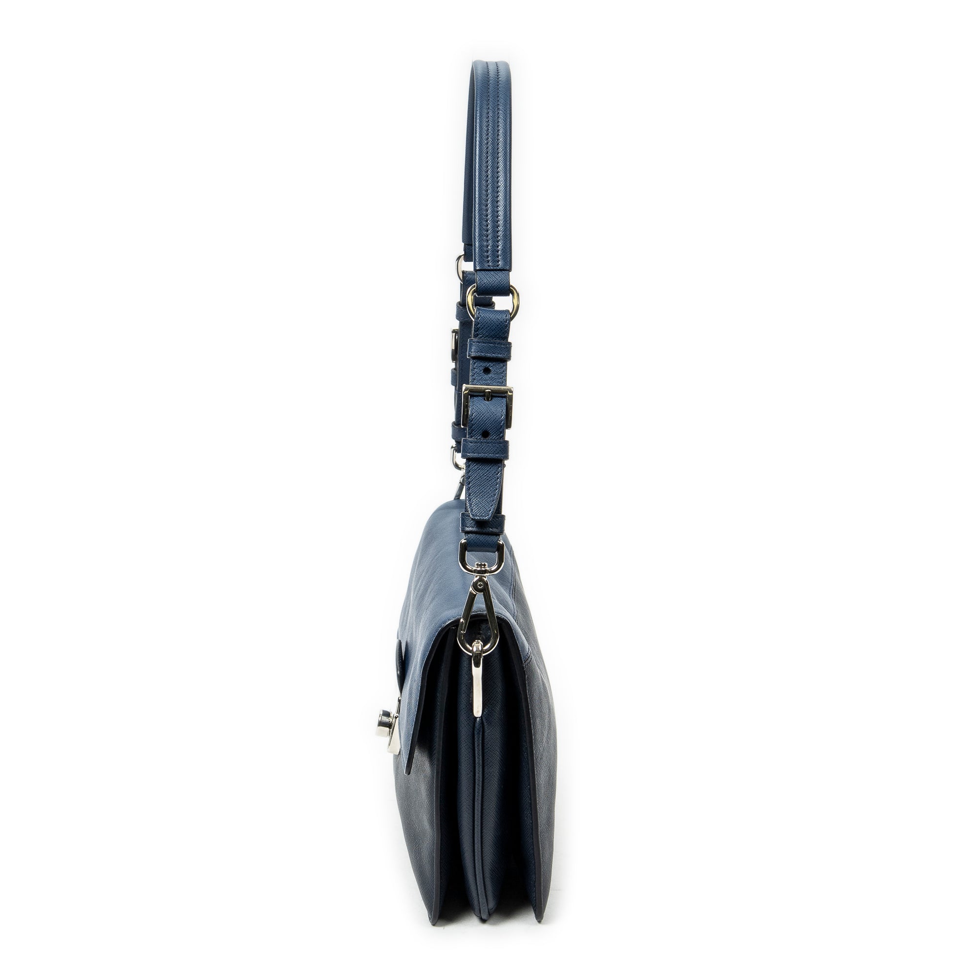 Shoulder Bag Sound Lock Flap Navy Saffiano Leather