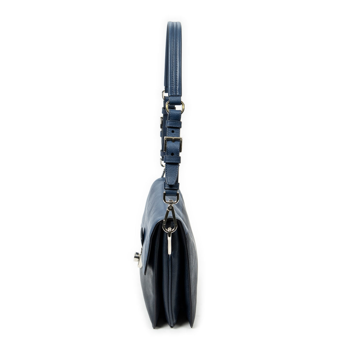 Shoulder Bag Sound Lock Flap Navy Saffiano Leather