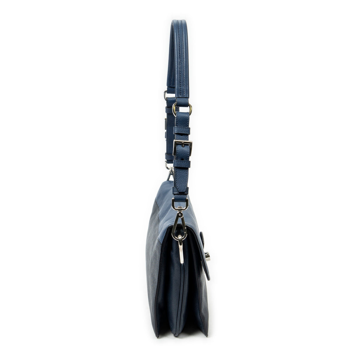 Shoulder Bag Sound Lock Flap Navy Saffiano Leather
