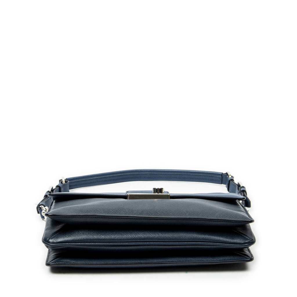 Shoulder Bag Sound Lock Flap Navy Saffiano Leather