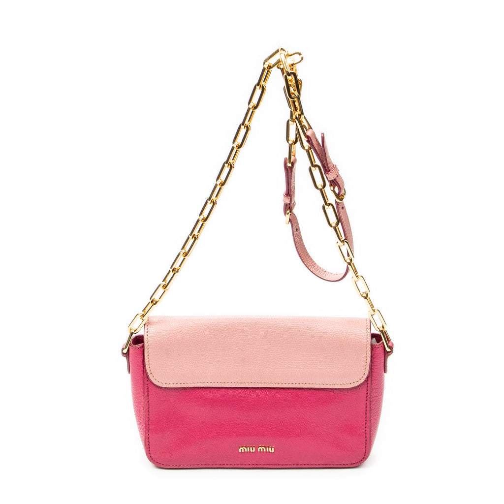 Shoulder Bag Pushlock Flap Chain Crossbody Pink Madras Leather