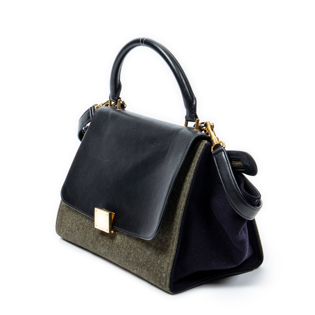 Shoulder Bag Small Tricolor Trapeze Green Felt Canvas