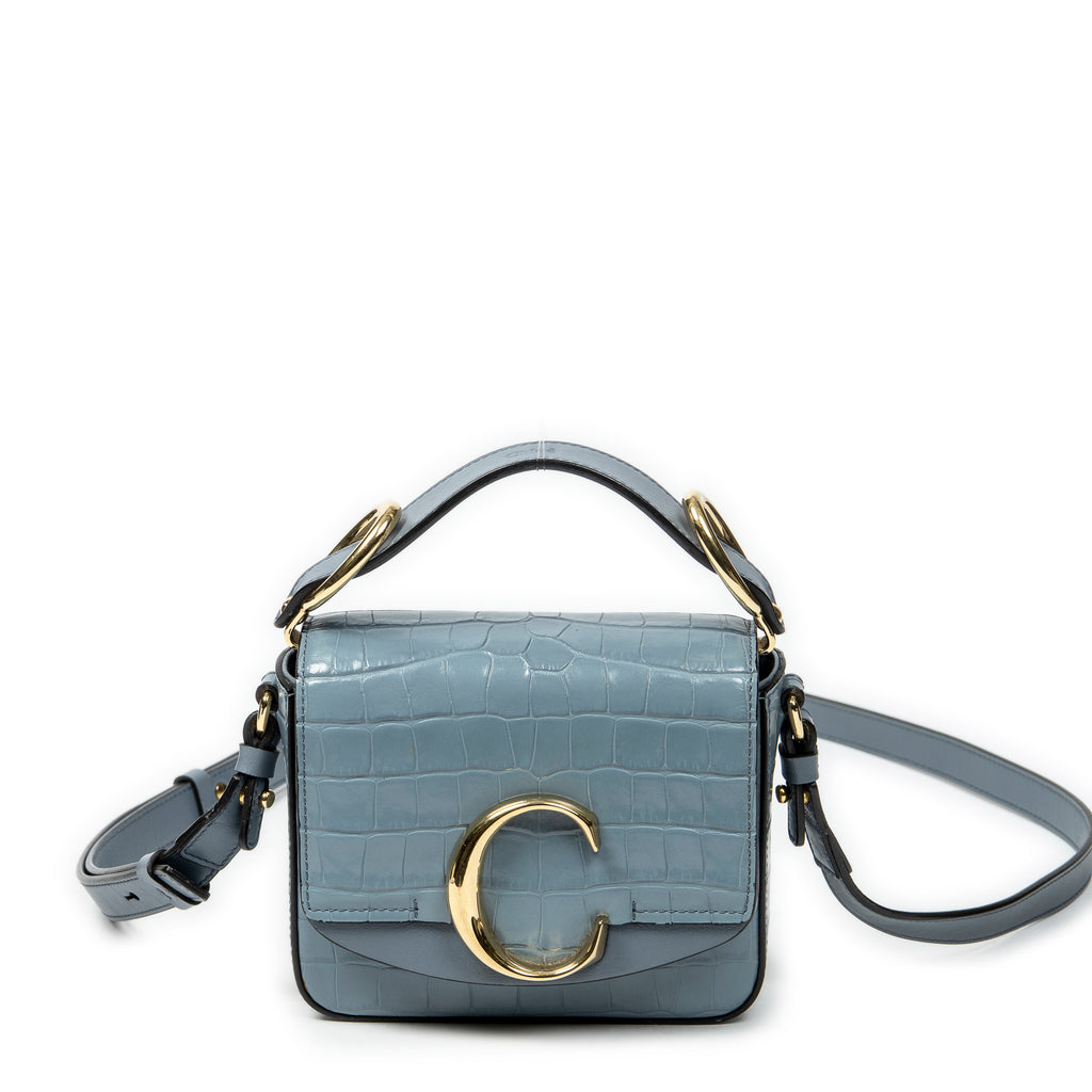 Shoulder Bag Mini C Crossbody Light Blue Croc Embossed Leather