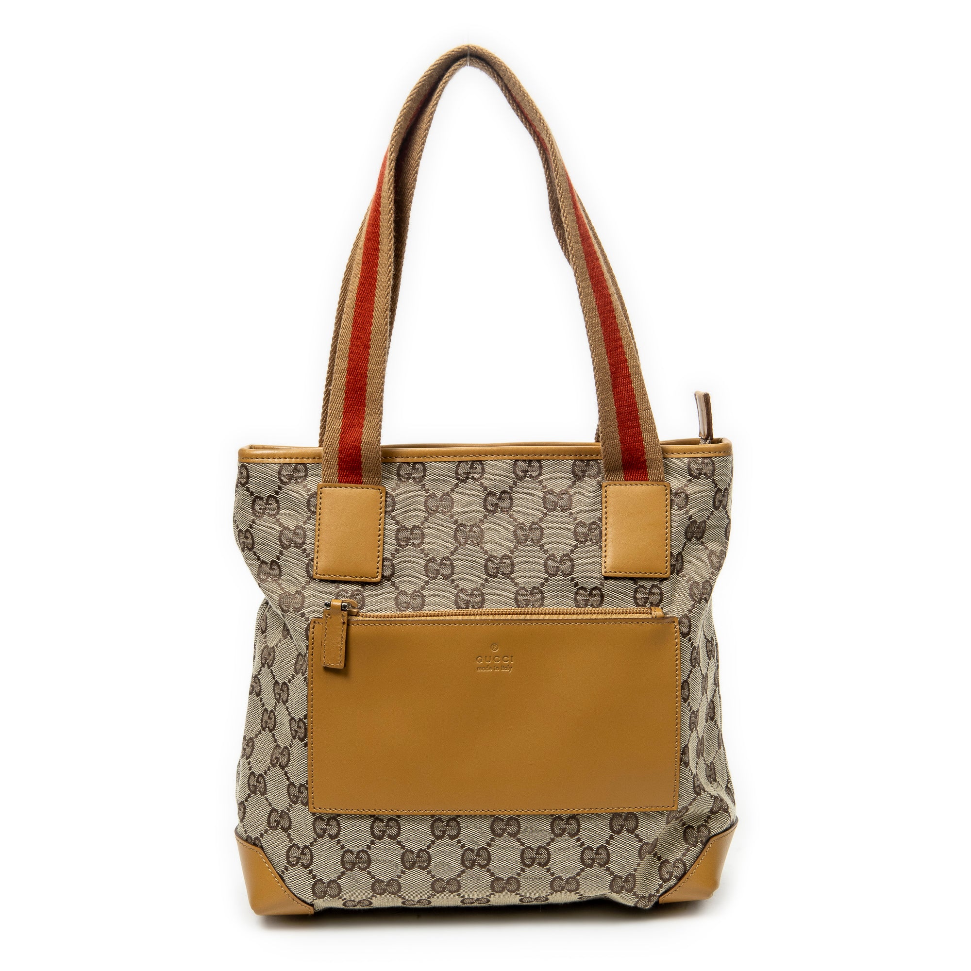 Shoulder Bag Front Pocket Zip Tote Beige Monogrammed Canvas