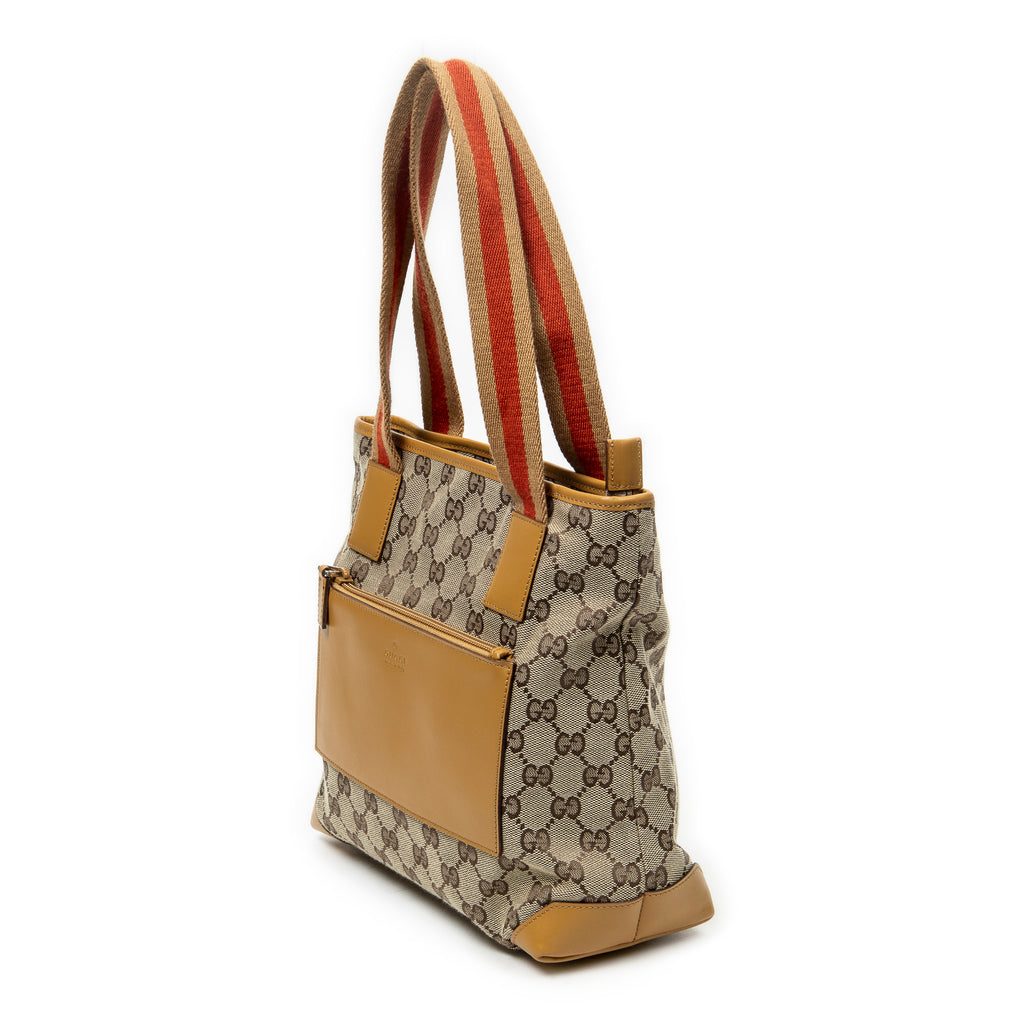 Shoulder Bag Front Pocket Zip Tote Beige Monogrammed Canvas