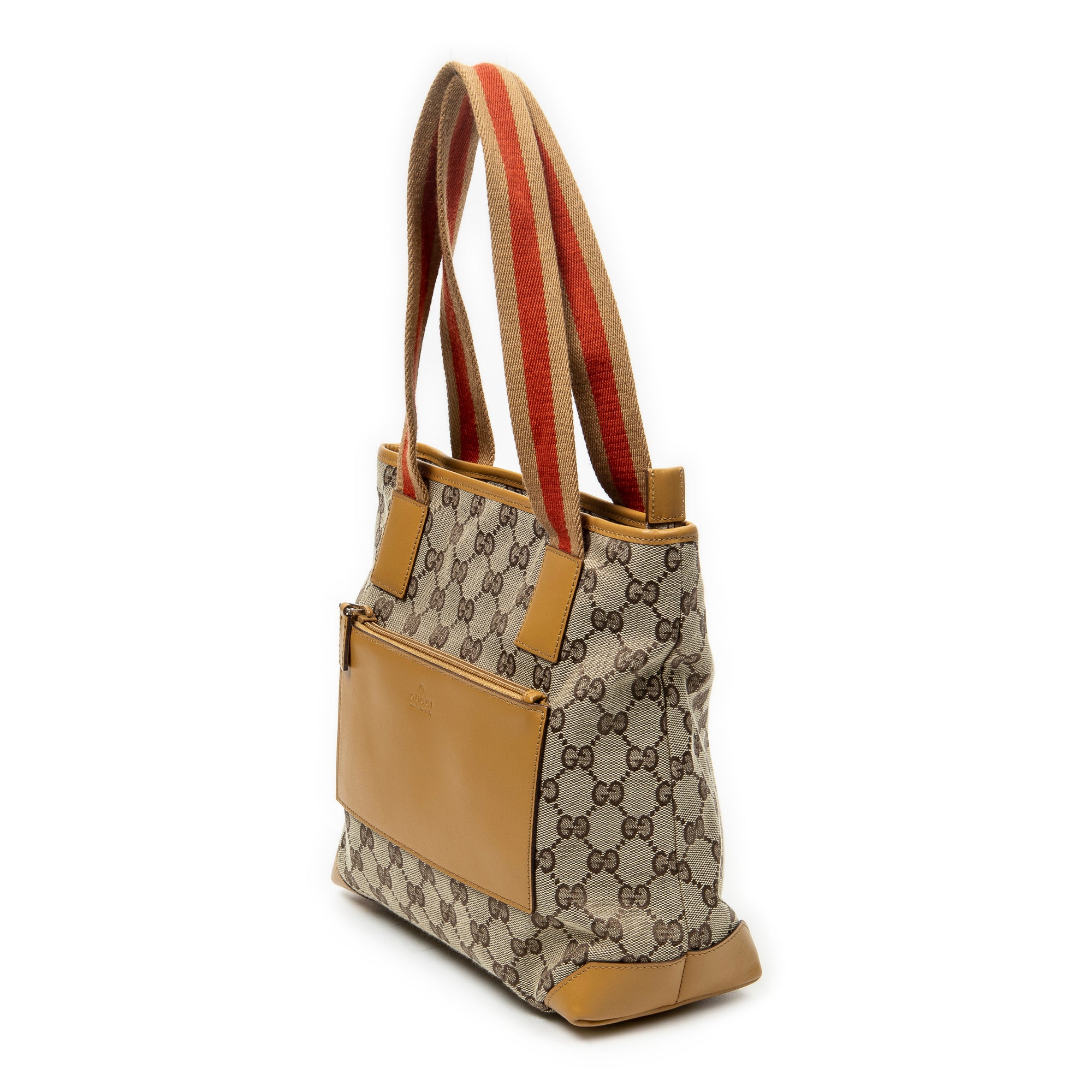 Shoulder Bag Front Pocket Zip Tote Beige Monogrammed Canvas