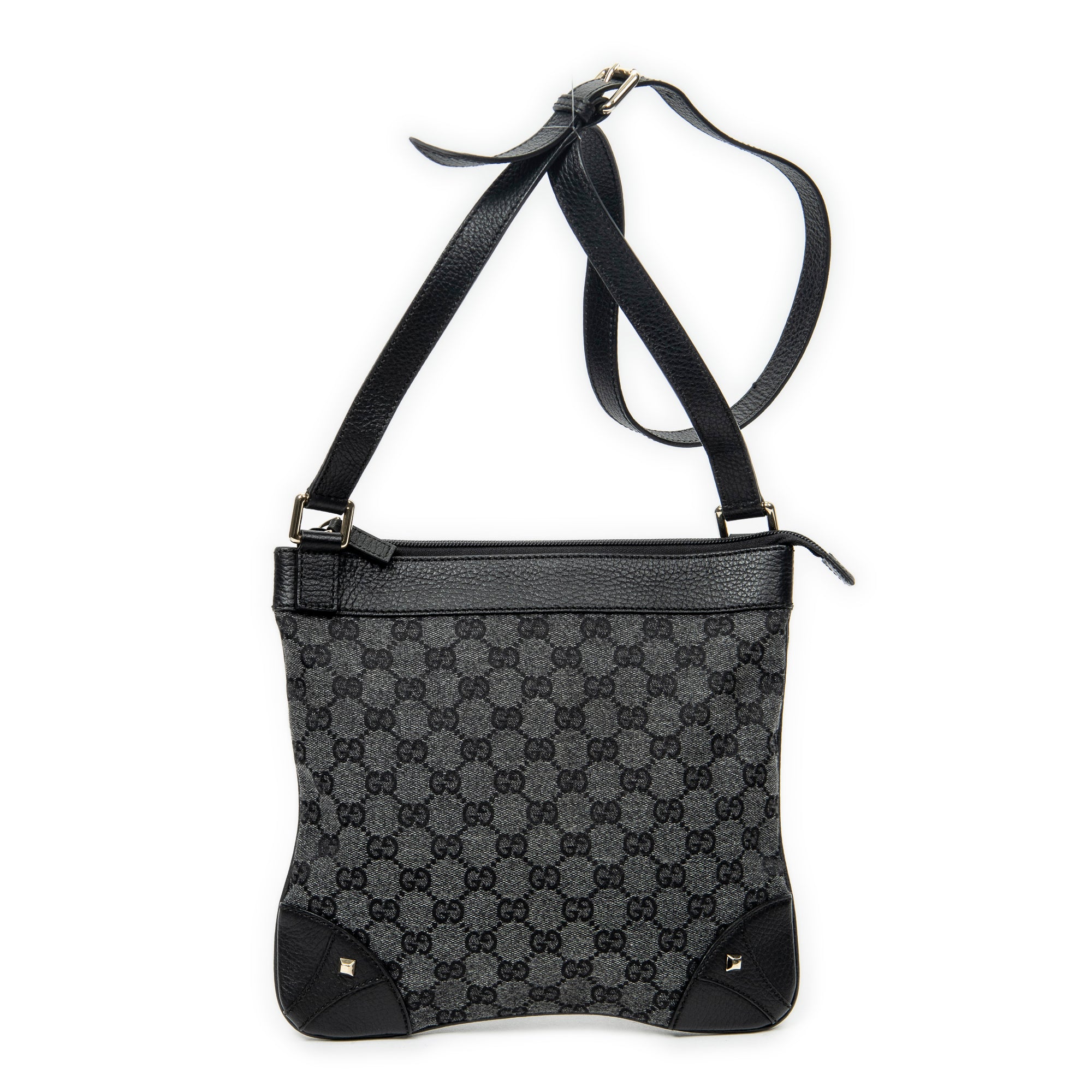 Shoulder Bag Zip Flat Crossbody Black Monogrammed Canvas