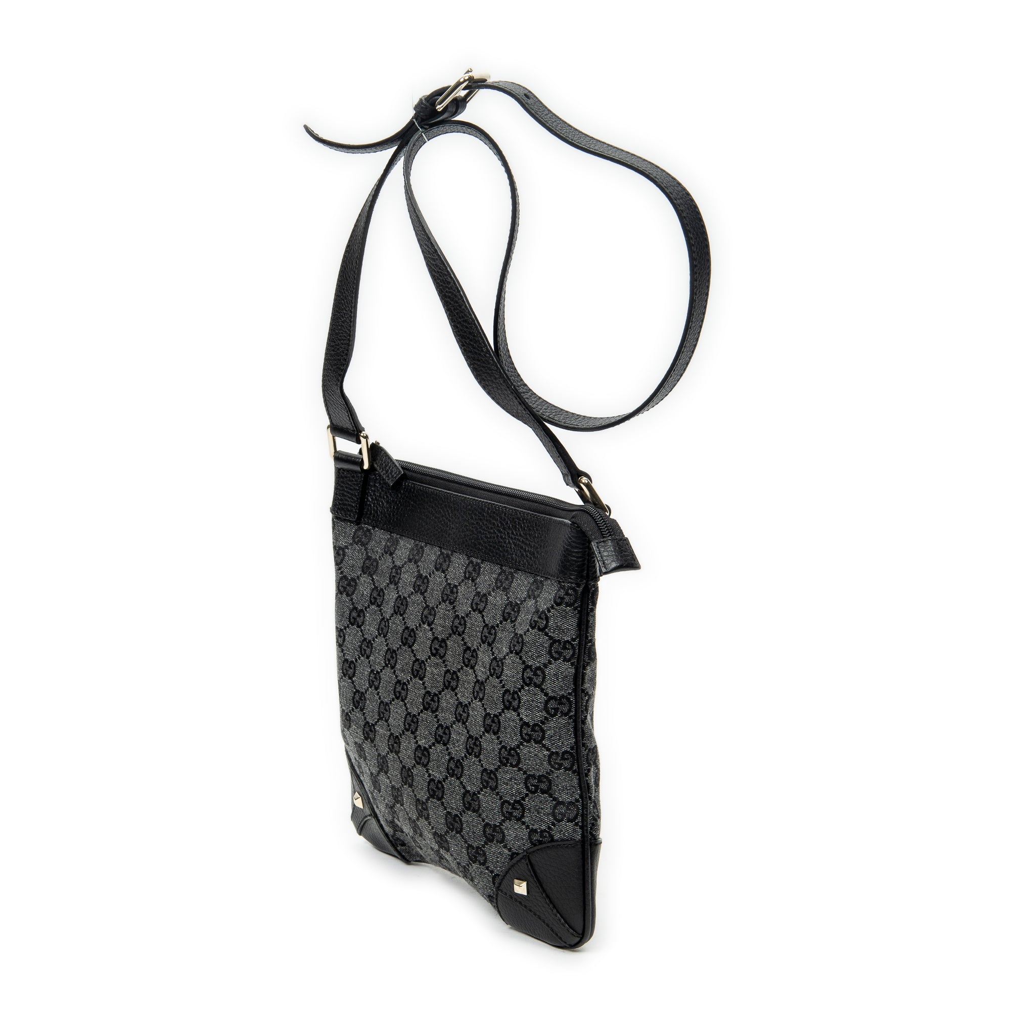 Shoulder Bag Zip Flat Crossbody Black Monogrammed Canvas