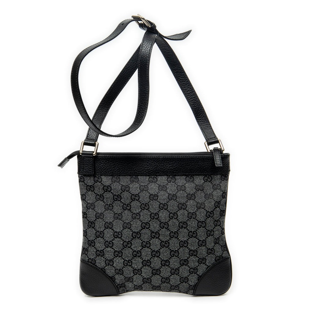 Shoulder Bag Zip Flat Crossbody Black Monogrammed Canvas