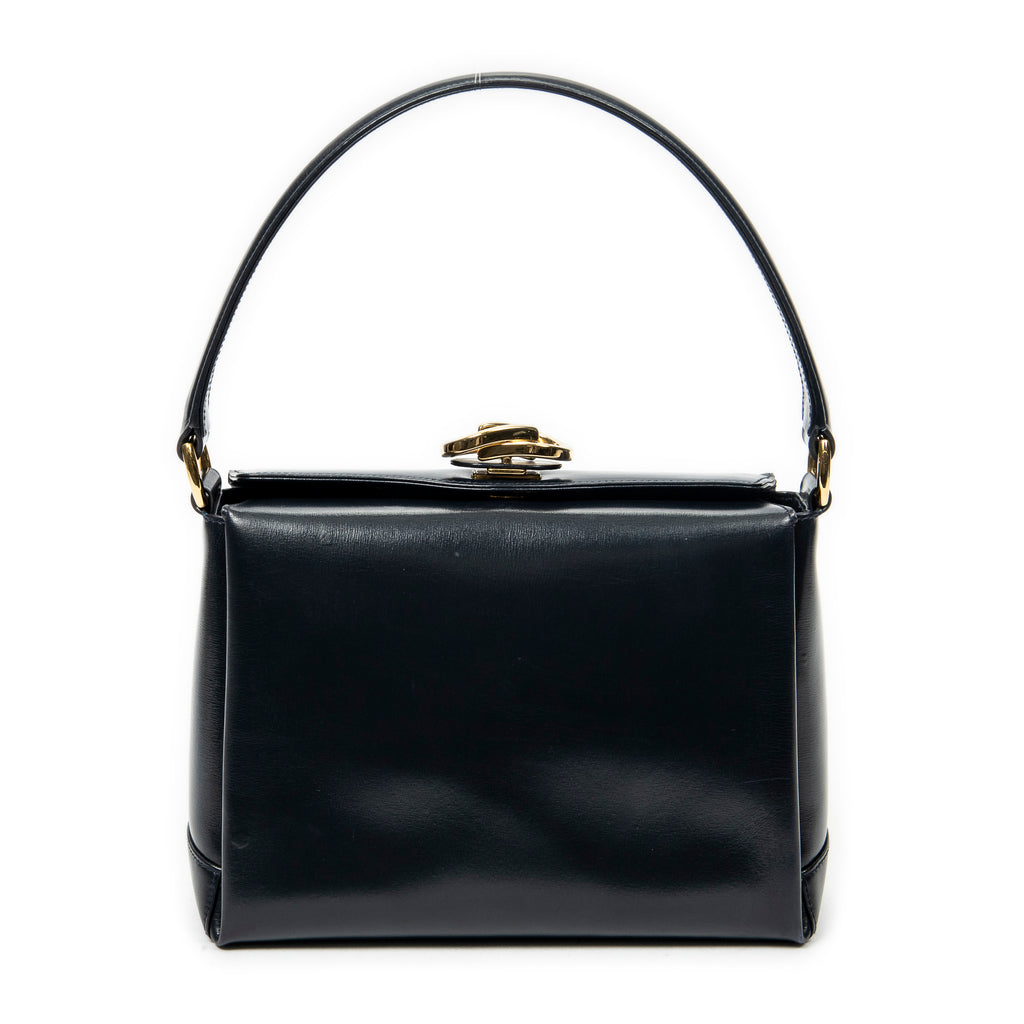 Shoulder Bag Vintage Turn Lock Top Handle Navy Smooth Calfskin Leather