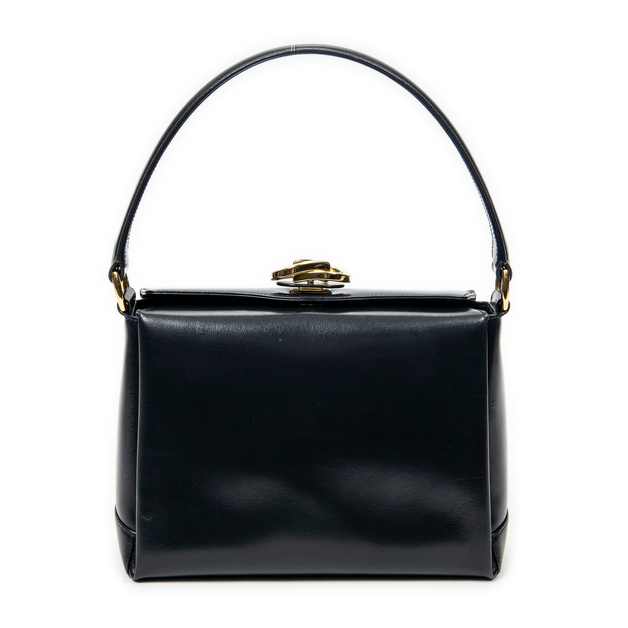 Shoulder Bag Vintage Turn Lock Top Handle Navy Smooth Calfskin Leather
