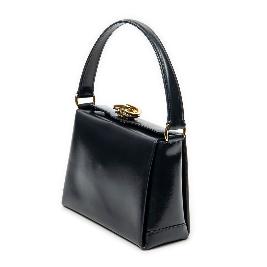 Shoulder Bag Vintage Turn Lock Top Handle Navy Smooth Calfskin Leather