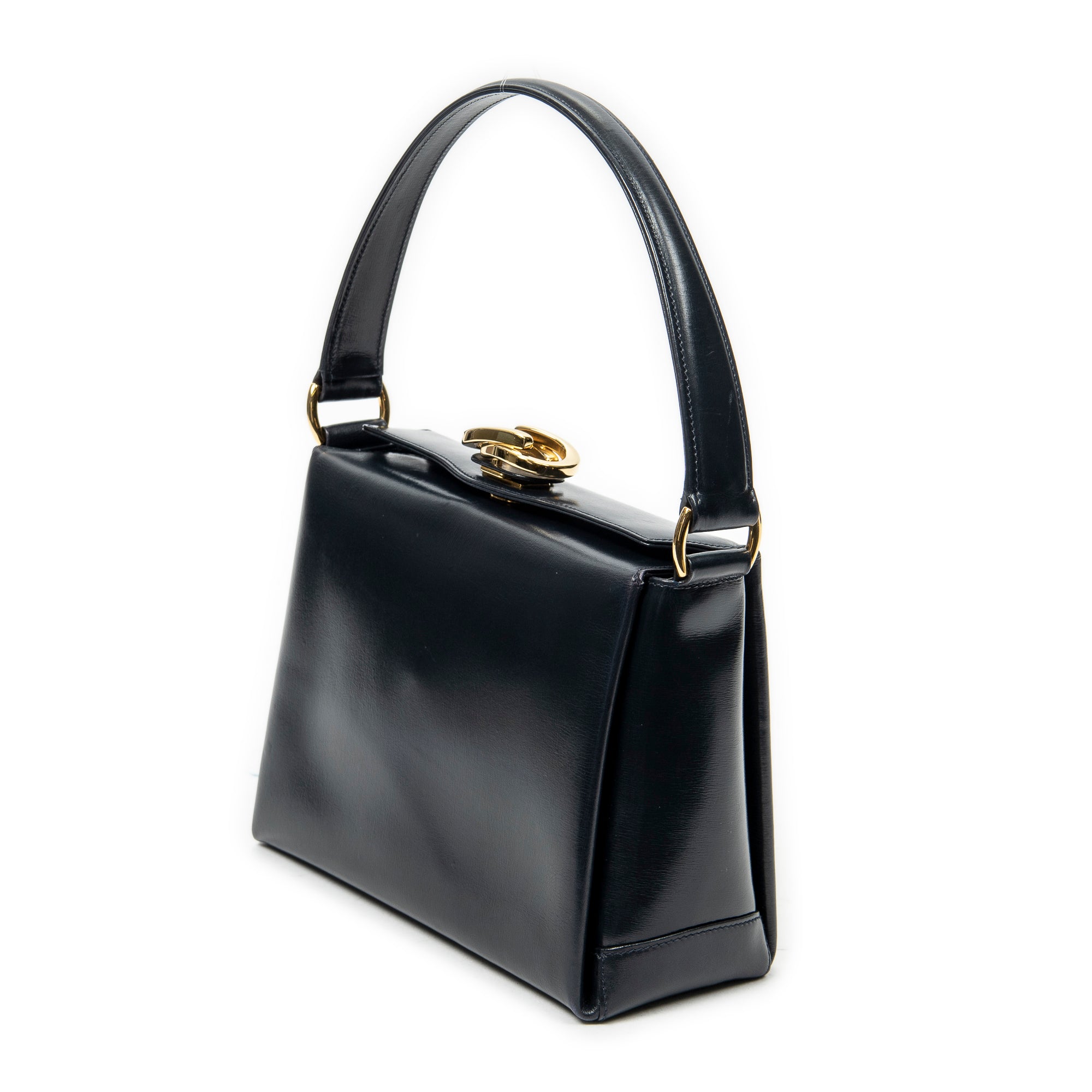 Shoulder Bag Vintage Turn Lock Top Handle Navy Smooth Calfskin Leather