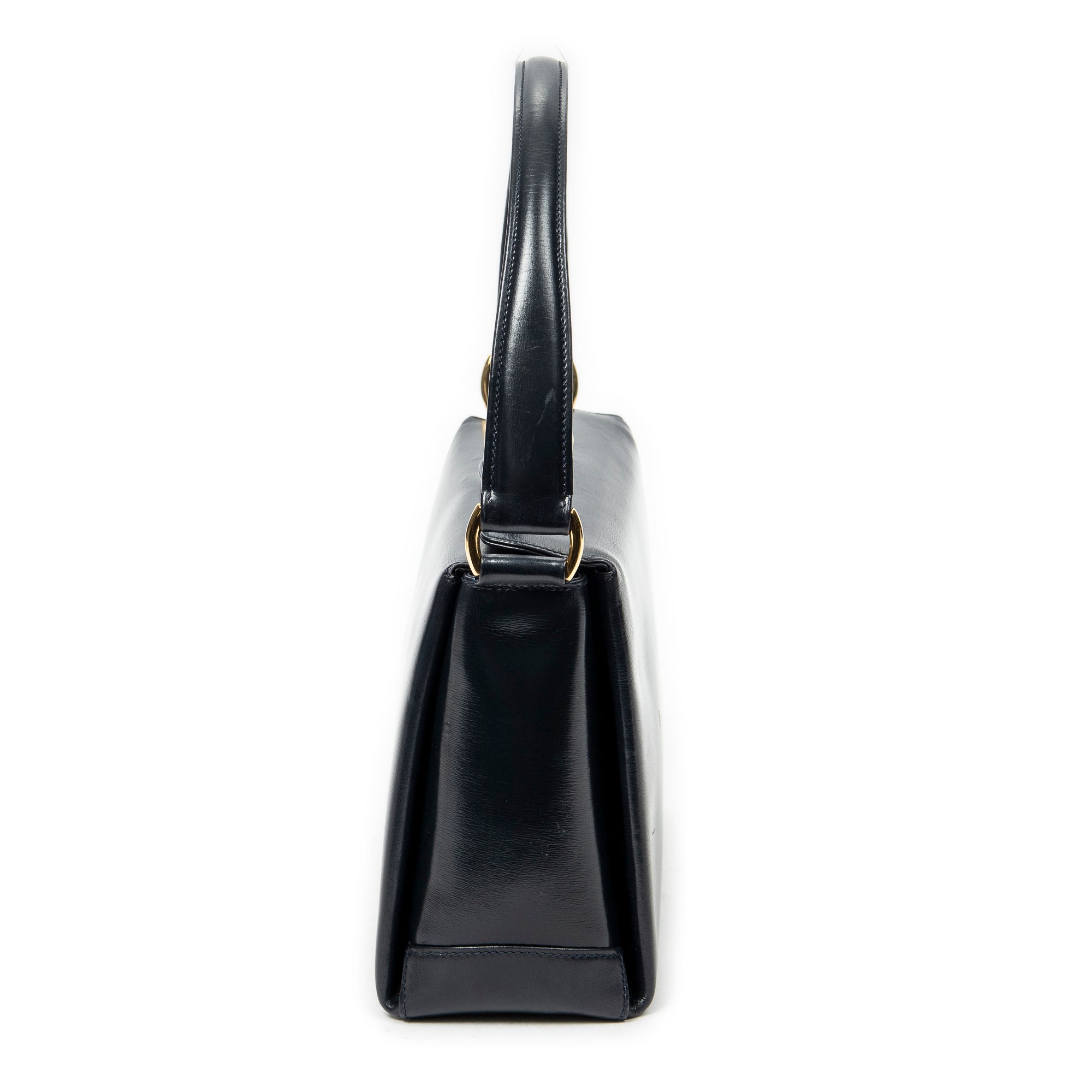Shoulder Bag Vintage Turn Lock Top Handle Navy Smooth Calfskin Leather