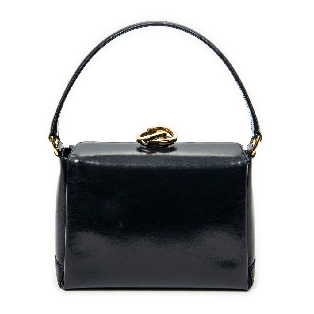 Shoulder Bag Vintage Turn Lock Top Handle Navy Smooth Calfskin Leather