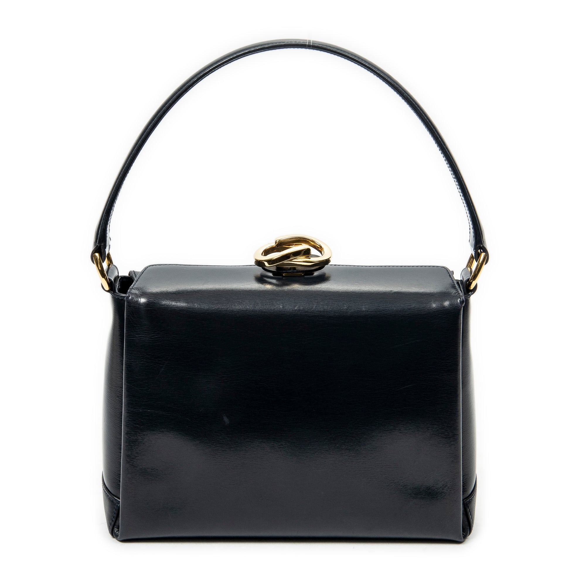 Shoulder Bag Vintage Turn Lock Top Handle Navy Smooth Calfskin Leather