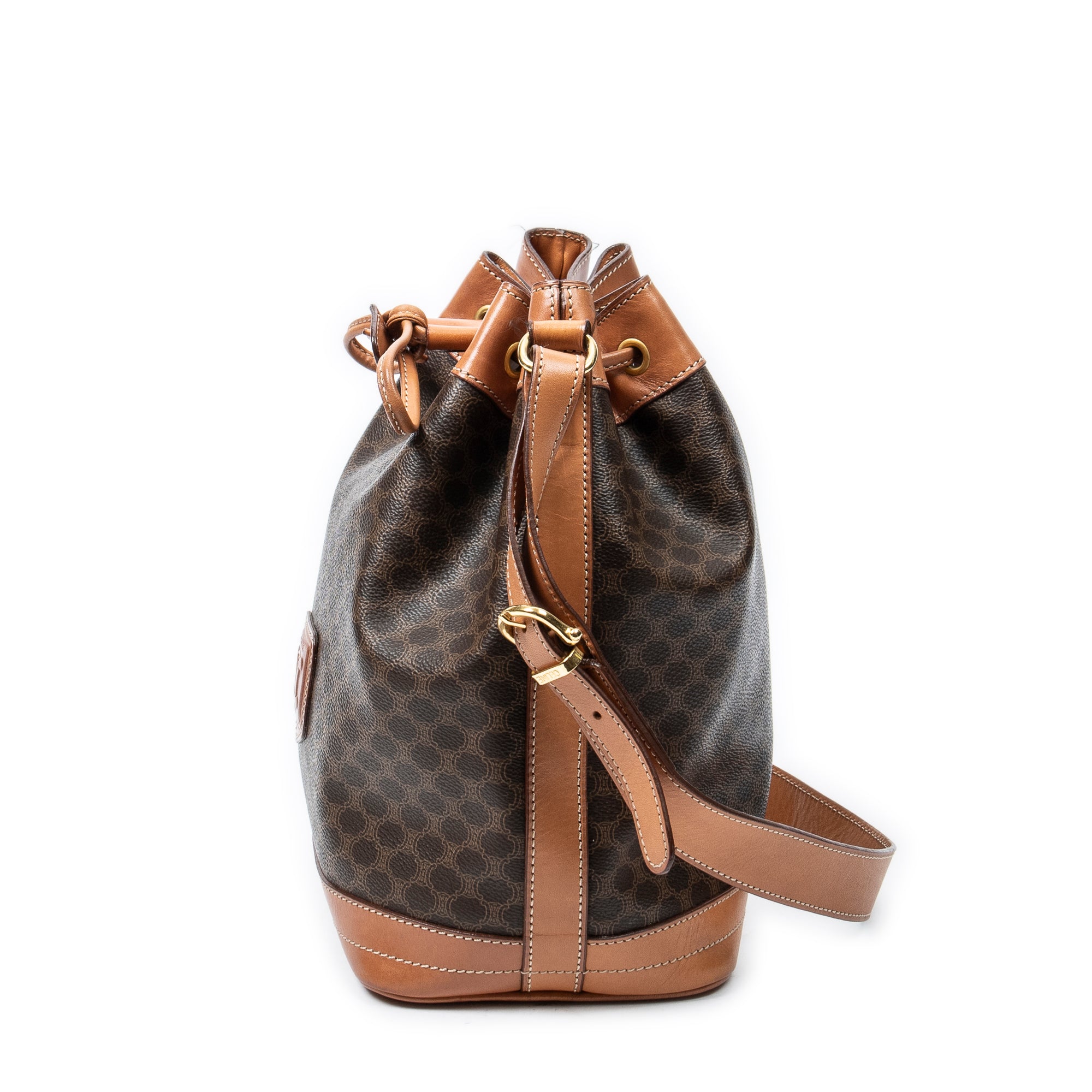 Shoulder Bag Vintage Side Zip Bucket Tote Brown Macadam Coated Canvas