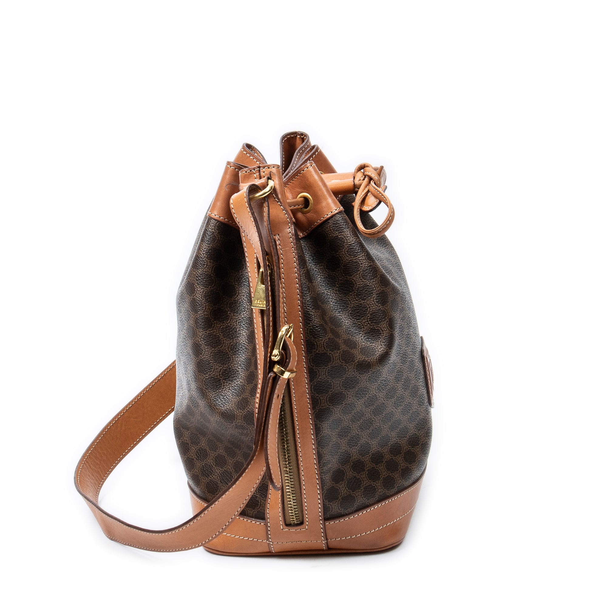 Shoulder Bag Vintage Side Zip Bucket Tote Brown Macadam Coated Canvas