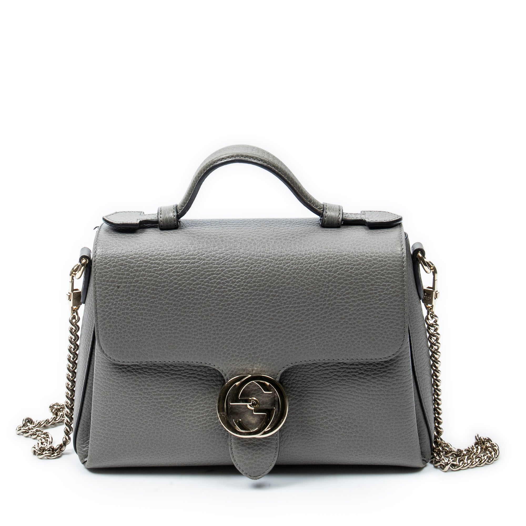 Shoulder Bag Interlocking G Top Handle Grey Grained Calfskin Leather